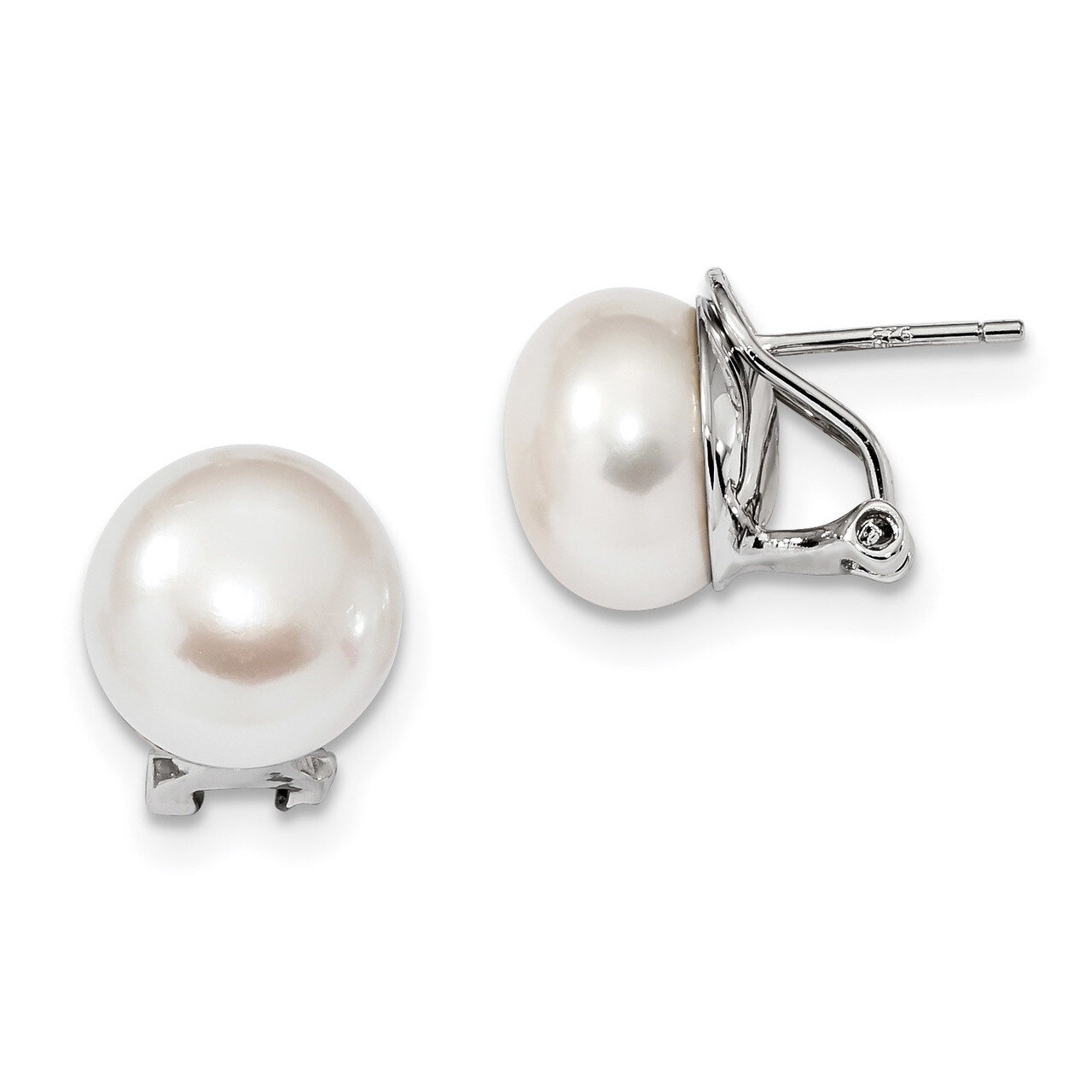 12-13mm White Cultured Freshwater Pearl Omega Back Earrings Sterling Silver Rhodium-plated QE13888