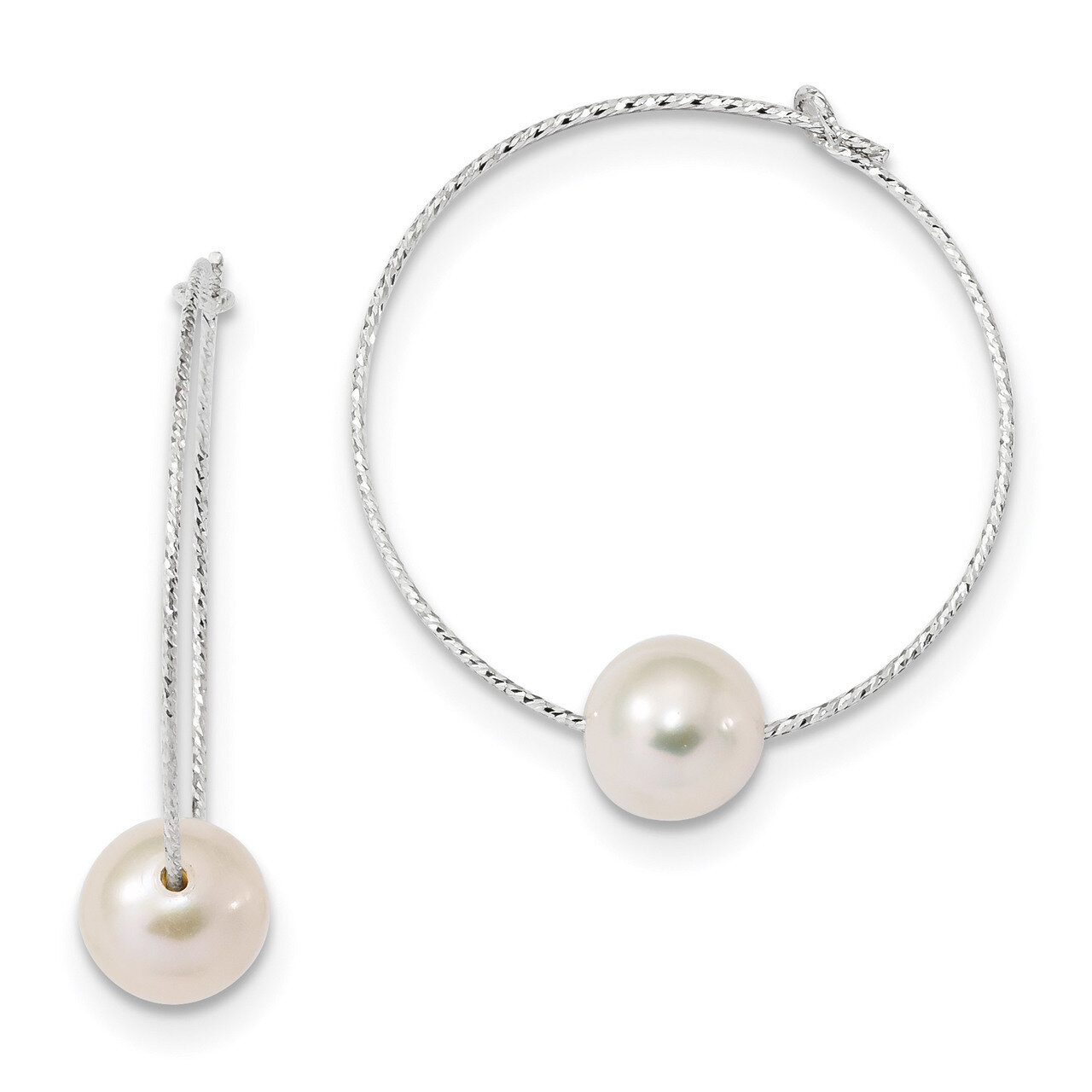 8-9mm White Round Cultured Freshwater Pearl Hoop Earrings Sterling Silver Rhodium-plated QE13908, M…
