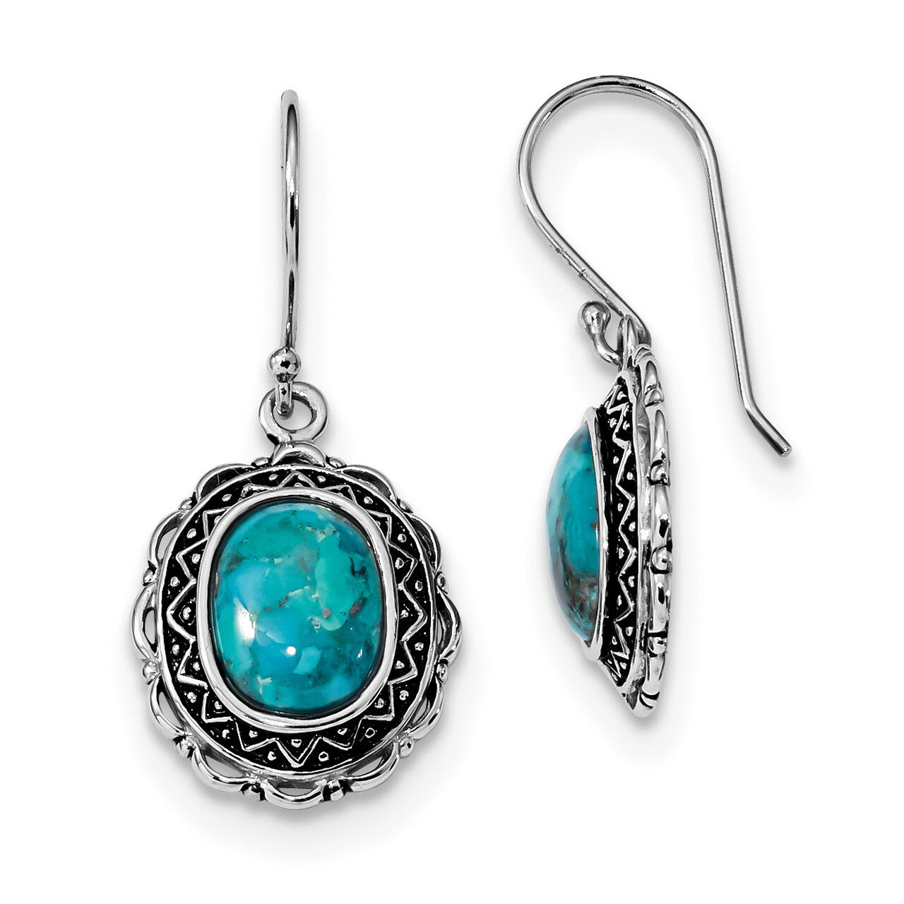 Antiqued with Recon. Turquoise Earrings Sterling Silver Rhodium-plated QE13923