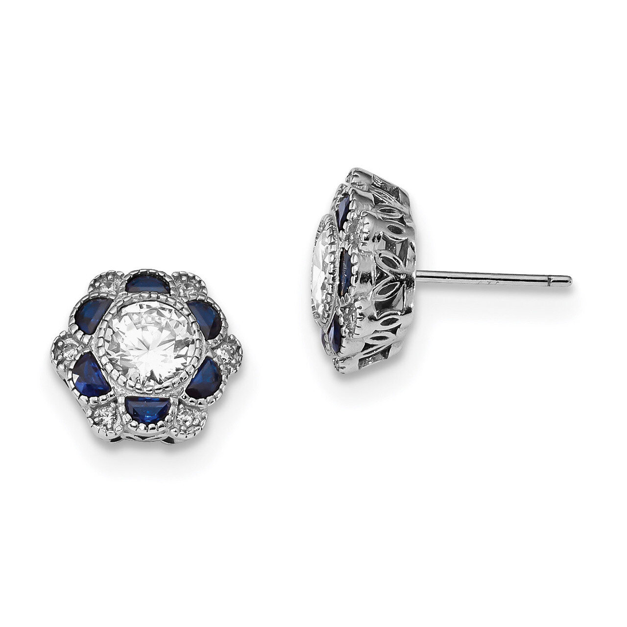 Blue Spinel &amp; CZ Diamond Flower Post Earrings Sterling Silver Rhodium-plated QE13925, MPN: QE13925,…