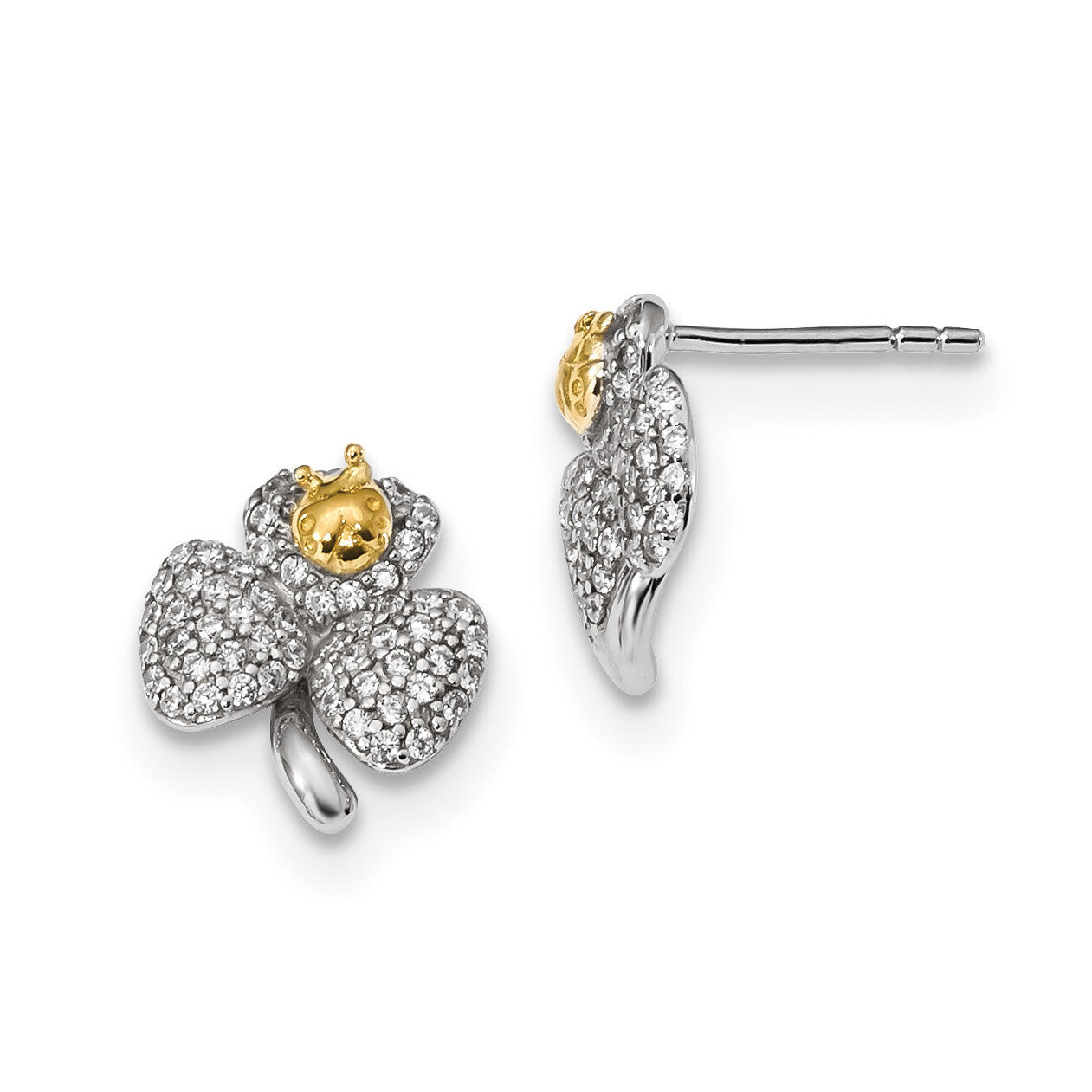 Gold-tone Polished CZ Diamond Clover Post Earrings Sterling Silver Rhodium QE13944, MPN: QE13944,