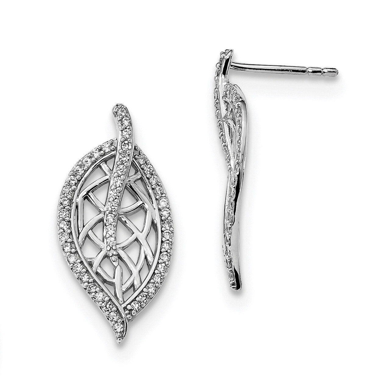 CZ Diamond Leaf Post Earrings Sterling Silver Rhodium-plated Polished QE13966