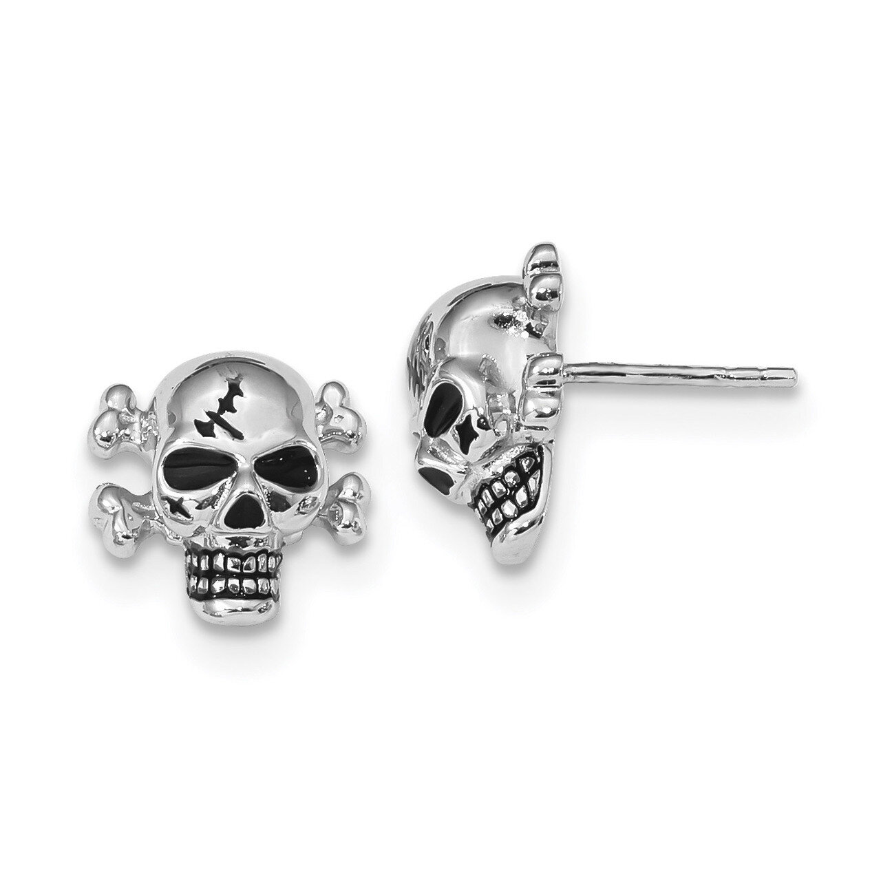 Antiqued Enameled Skull Post Earrings Sterling Silver Rhodium-plated QE13970