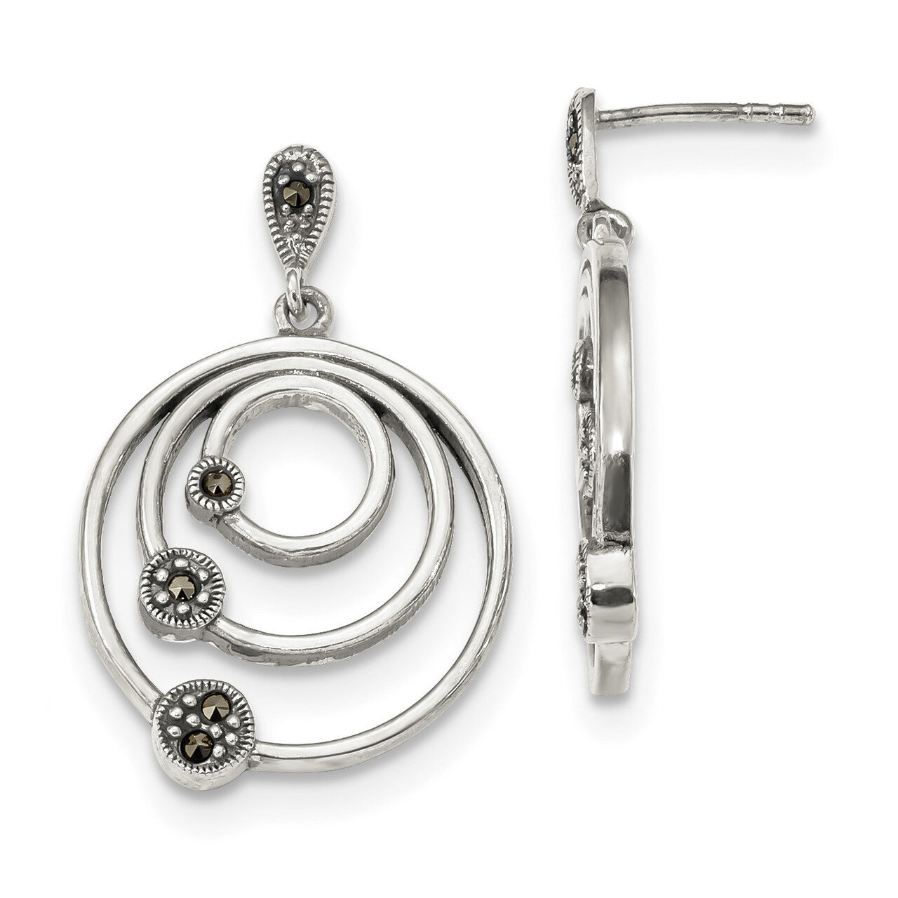 3-Circles Marcasite Post Dangle Earrings Sterling Silver Antiqued QE13974, MPN: QE13974,