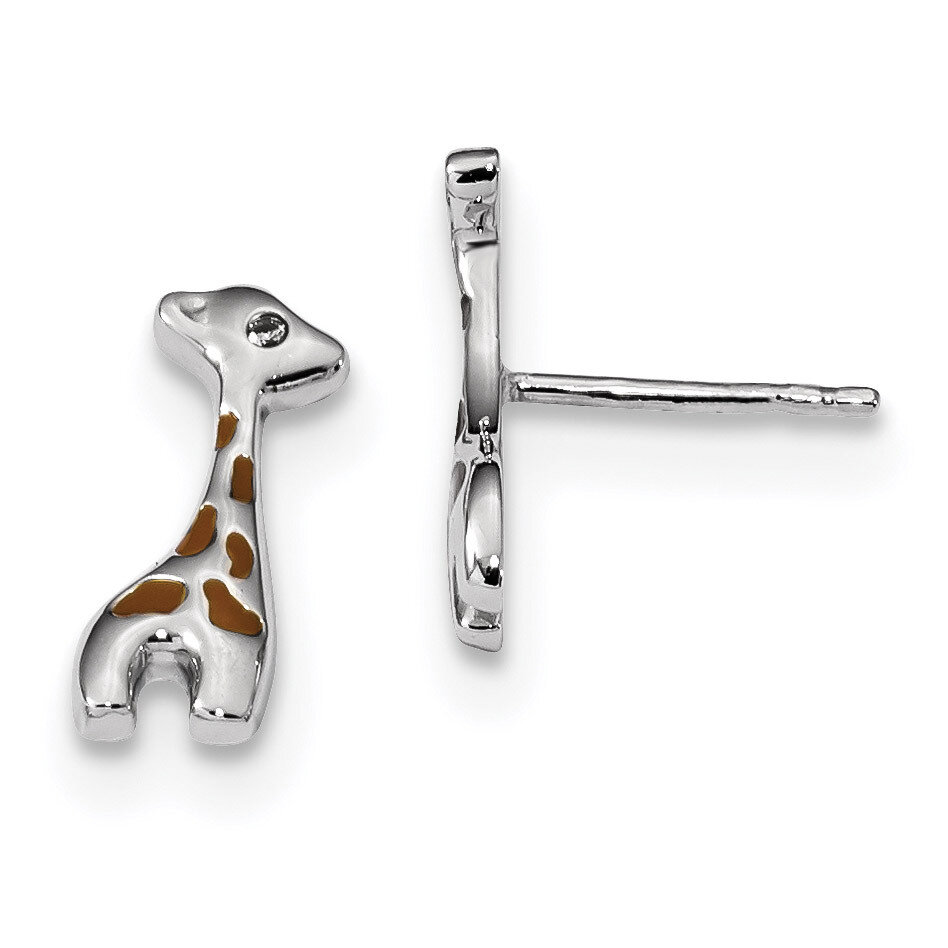 Enameled CZ Diamond Giraffe Post Earrings Sterling Silver Rhodium-plated QE14015