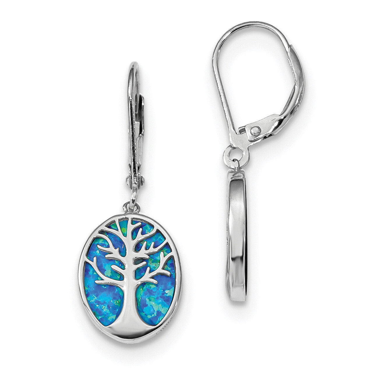Created Opal Tree of Life Leverback Earrings Sterling Silver Rhodium-plated QE14033, MPN: QE14033, …