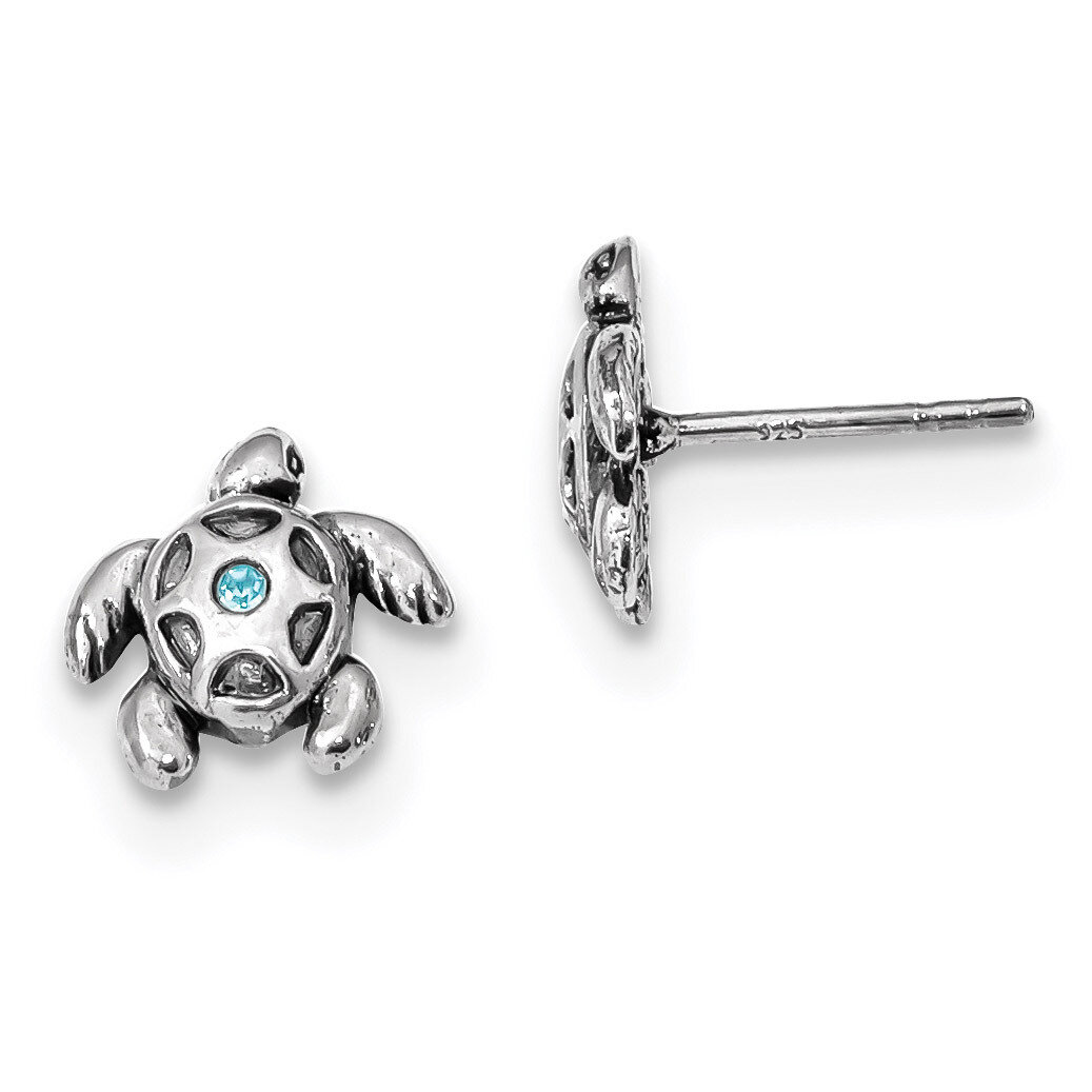 Aqua Crystal Turtle Post Earrings Sterling Silver Antiqued QE14034, MPN: QE14034, 886774121703