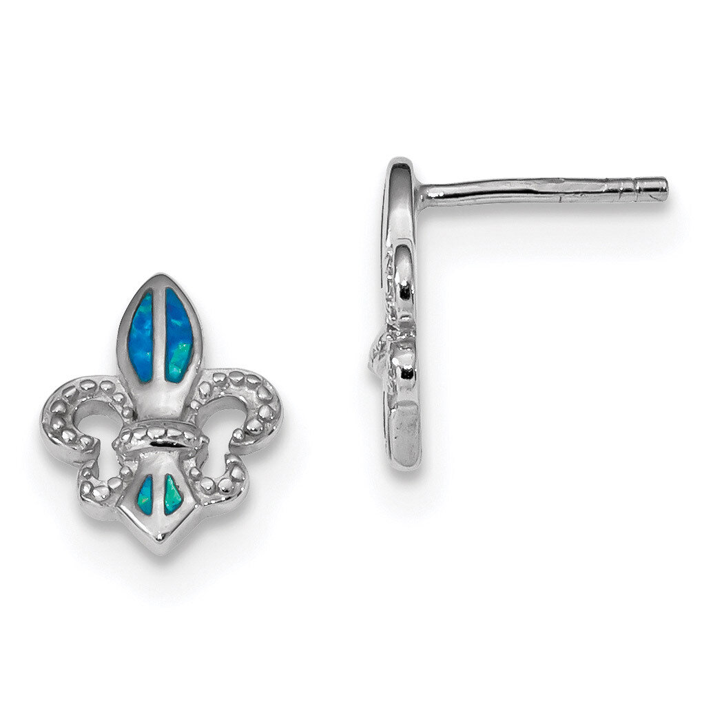 Blue Created Opal Fleur De Lis Earrings Sterling Silver Rhodium-plated QE14042, MPN: QE14042, 19110…