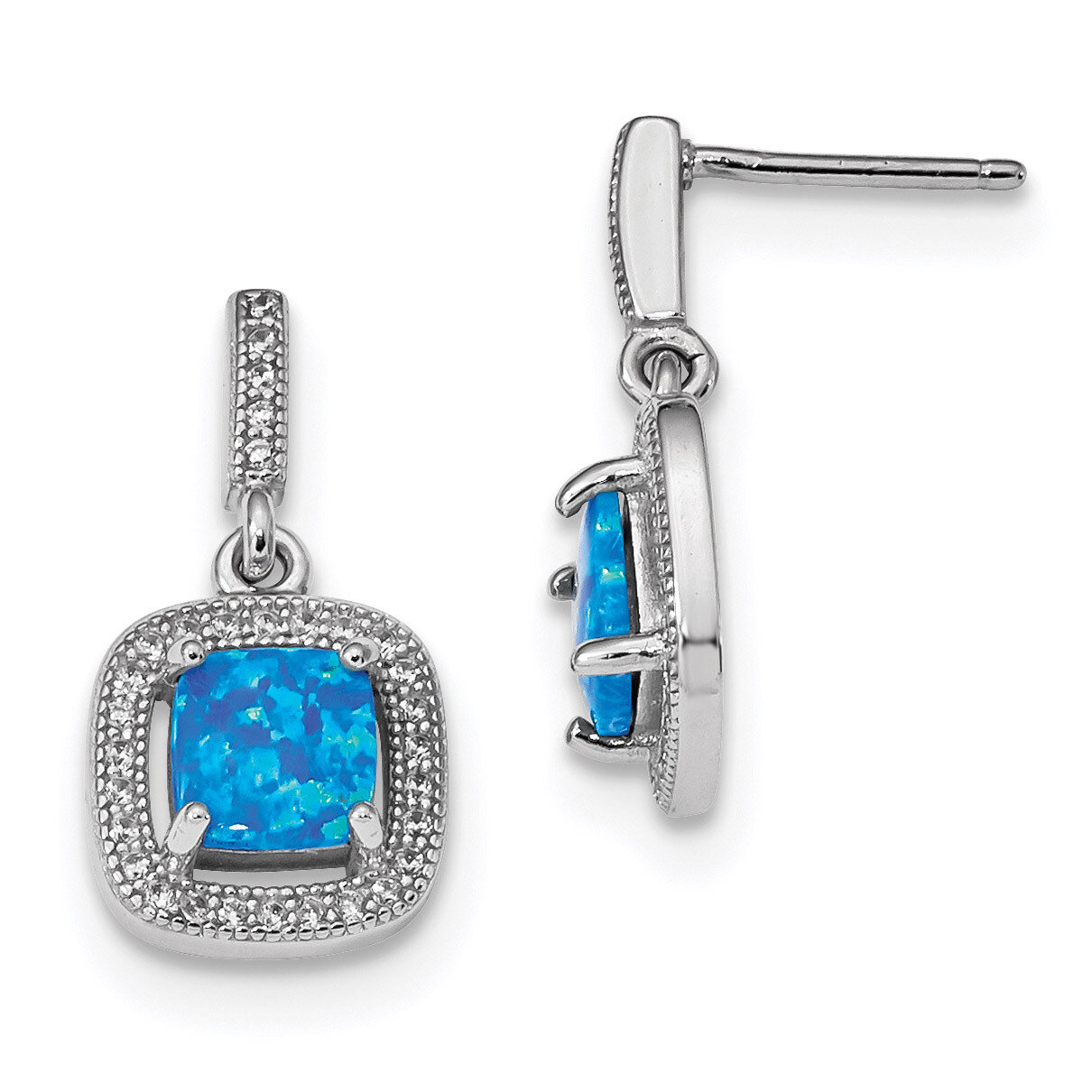 Blue Created Opal CZ Diamond Post Earrings Sterling Silver Rhodium-plated QE14043