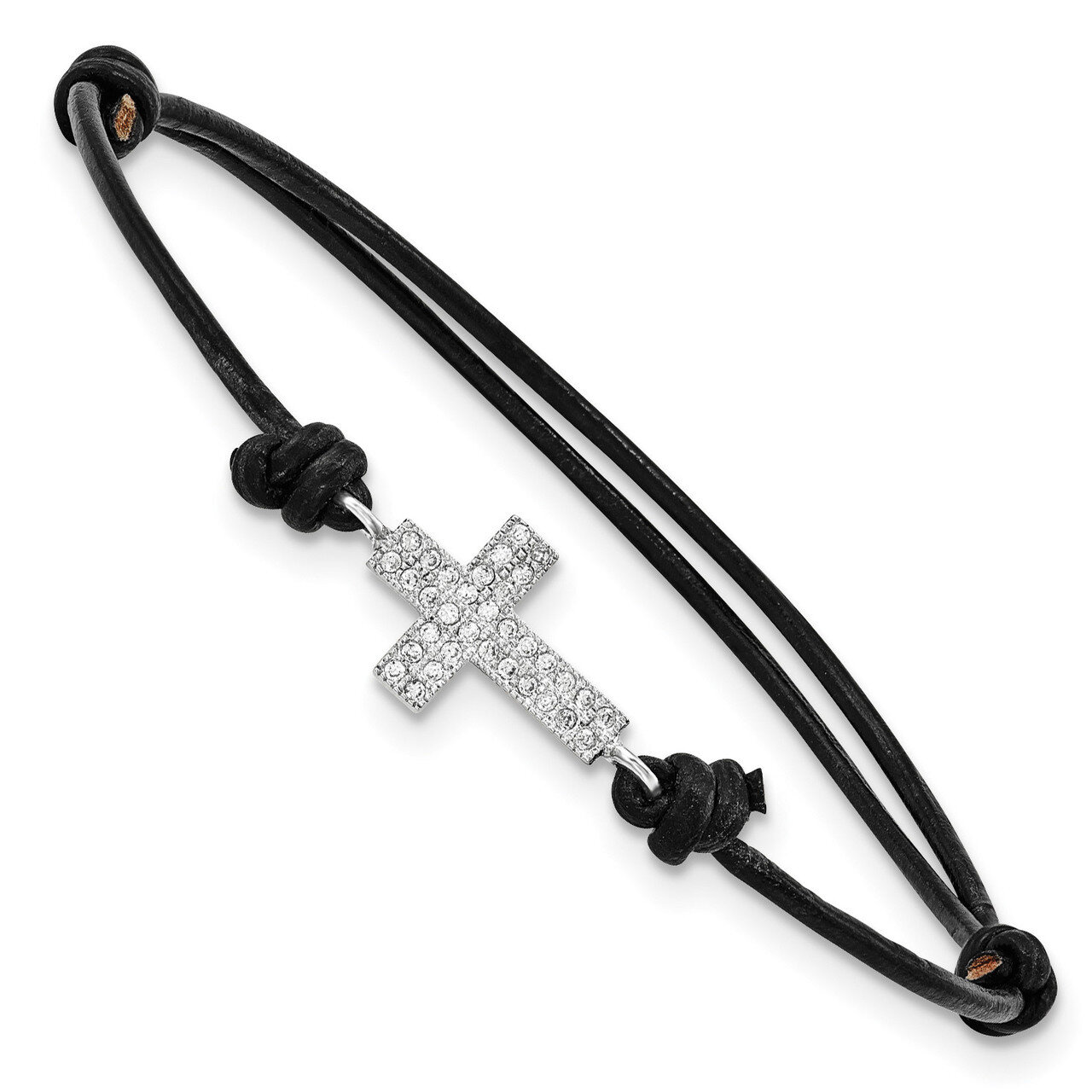 CZ Diamond Cross Black Leather Adjustable Bracelet Sterling Silver Rhodium-plated QG3570, MPN: QG35…