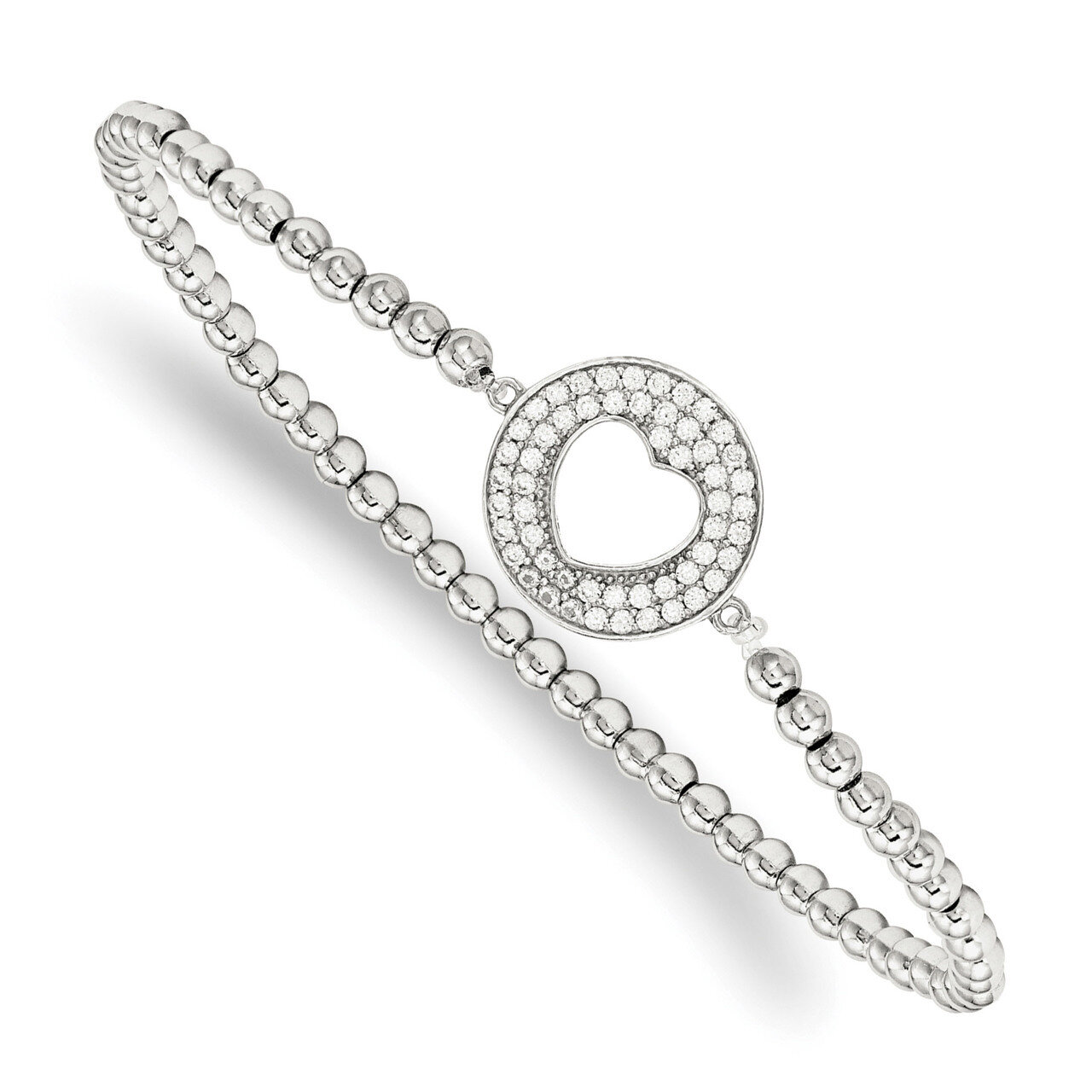 Beaded CZ Diamond heart Stretch Bracelet Sterling Silver Polished QG3577