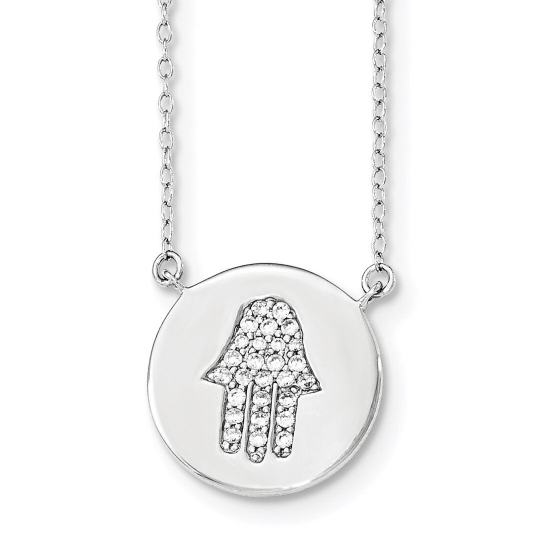 Hamsa with CZ Diamond with 2 inch Extender Necklace 16 Inch Sterling Silver Rhodium-plated QG3676-1…