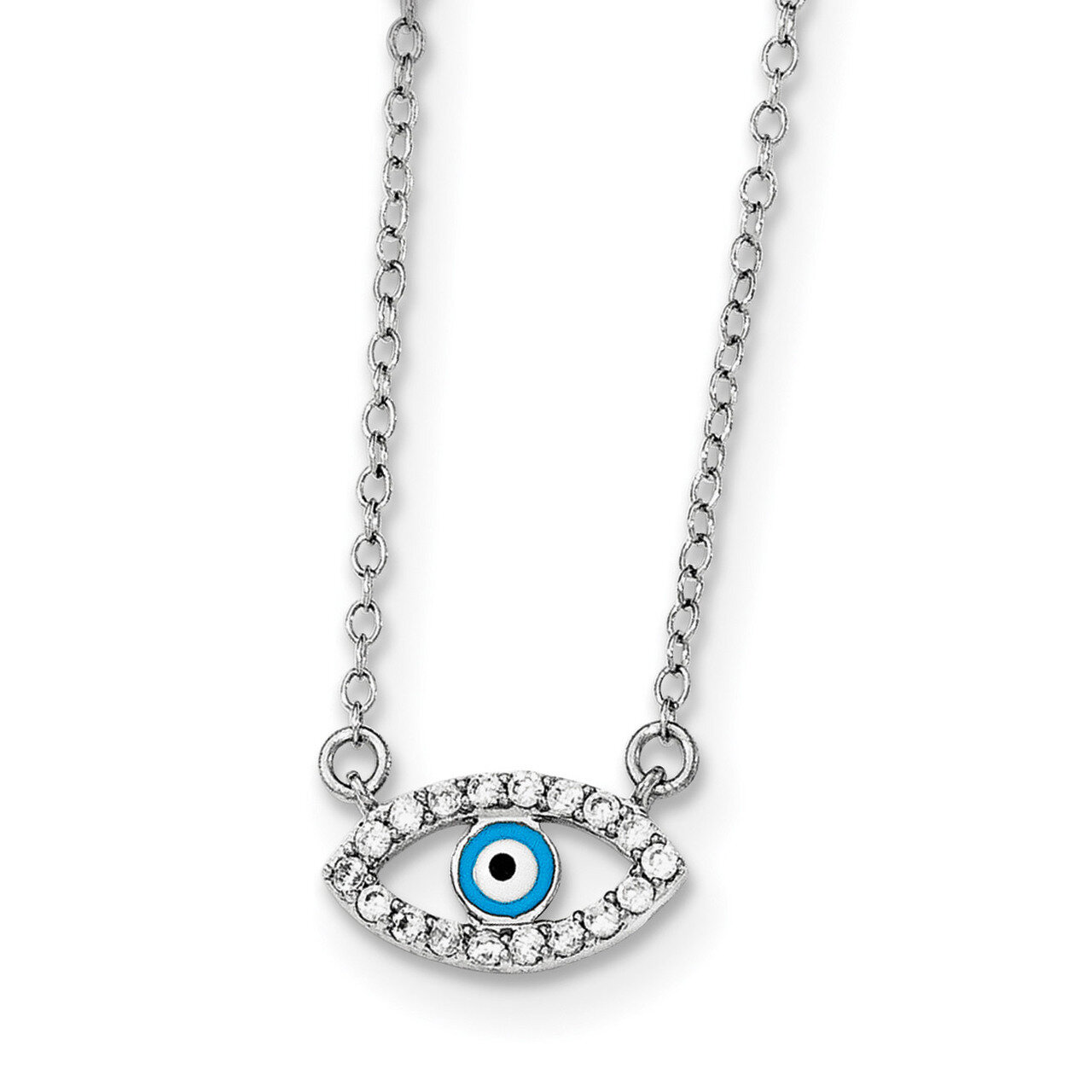 Enamel Eye with CZ Diamond Necklace 18 Inch Sterling Silver Rhodium-plated QG3715-18, MPN: QG3715-1…