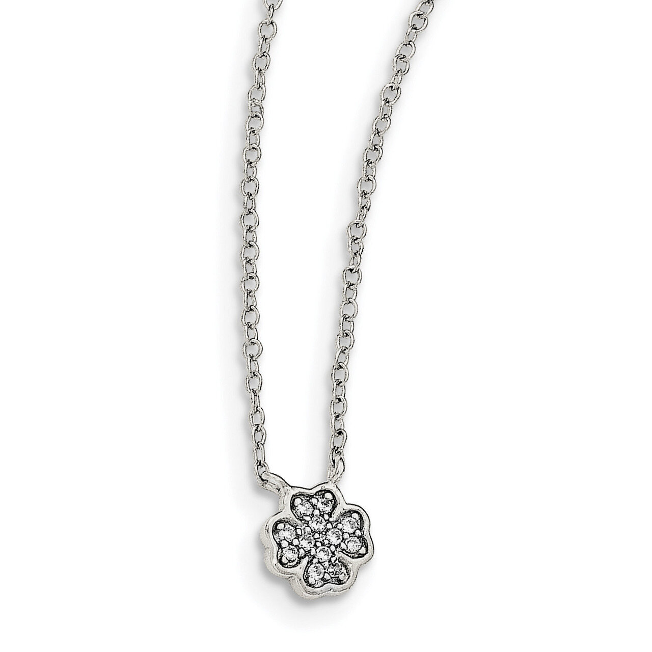 White CZ Diamond Four Leaf Clover Necklace 16 Inch Sterling Silver Polished QG3909-16, MPN: QG3909-…