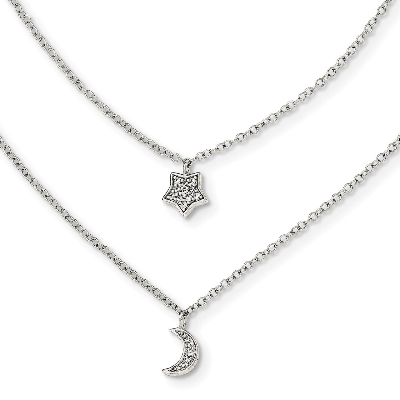 CZ Diamond Moon/Star Double Strand with 1 inch Extender Necklace 16 Inch Sterling Silver Polished Q…