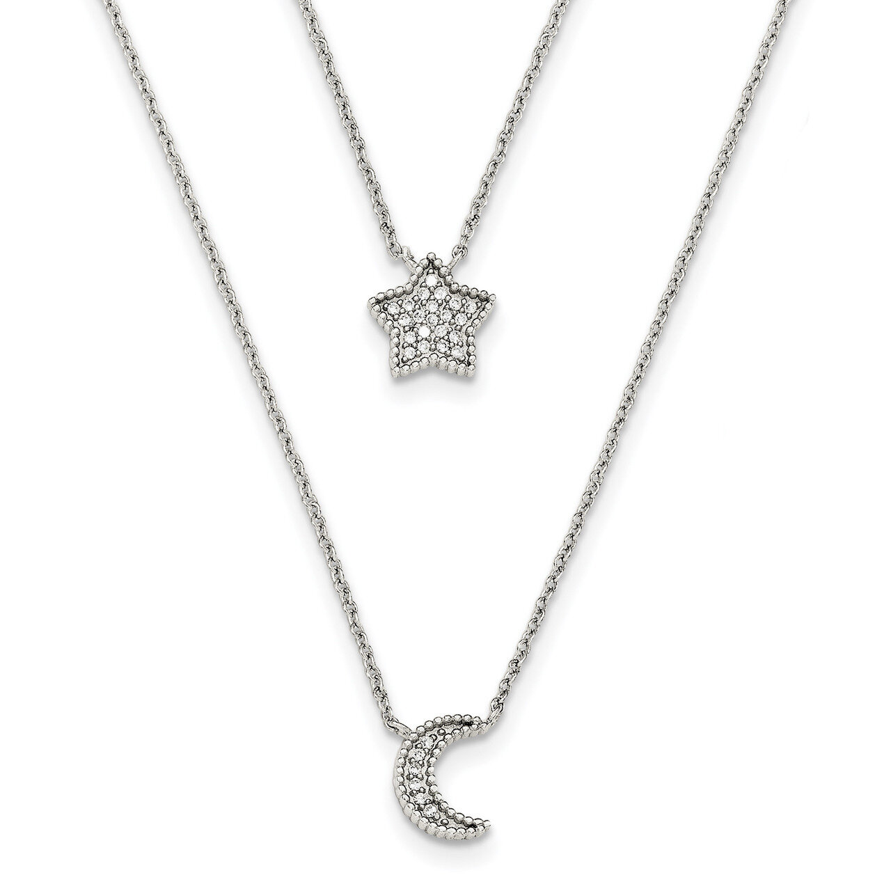 CZ Diamond Moon and Star Double Strand Necklace 16 Inch Sterling Silver Polished QG3948-16, MPN: QG…