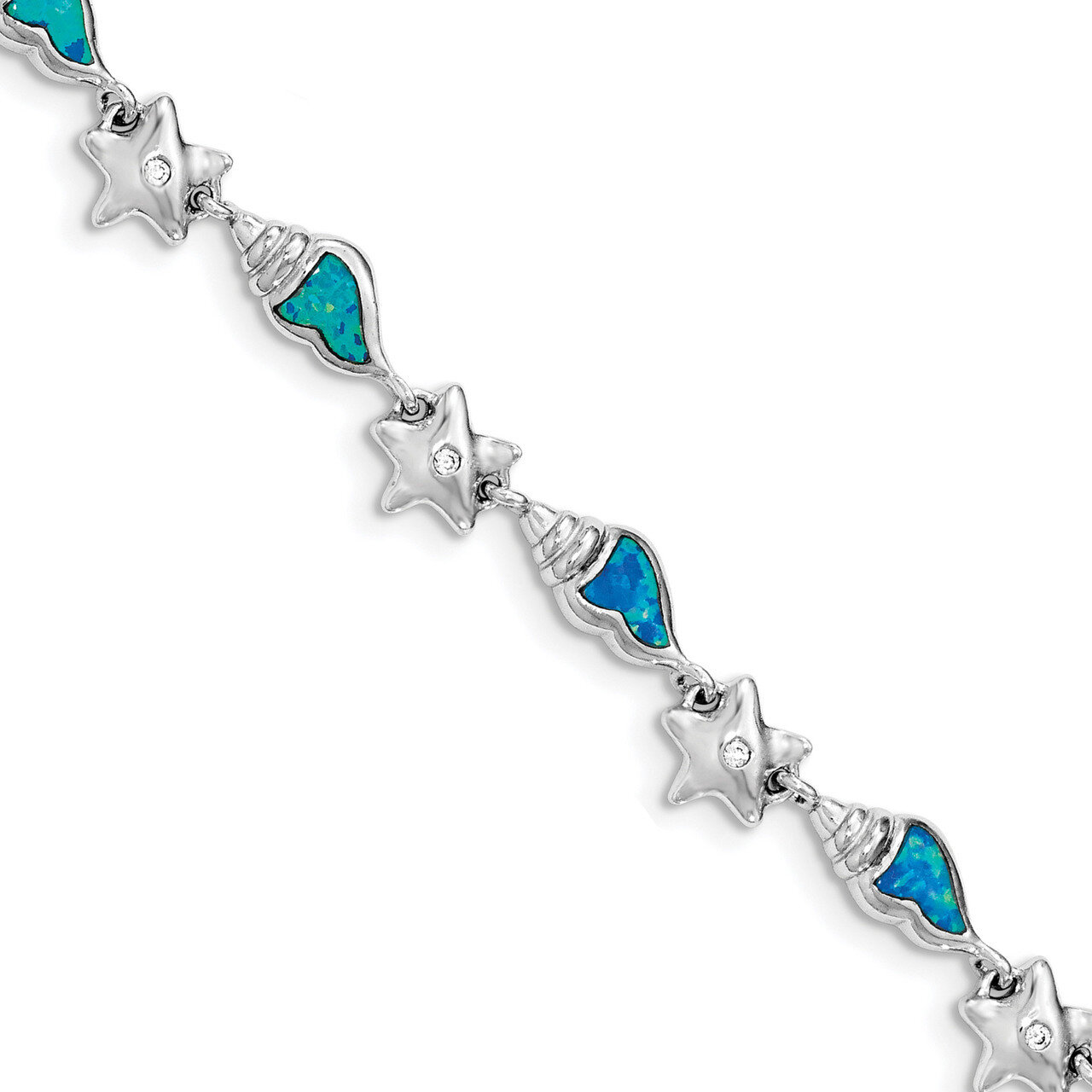 Starfish with CZ Diamond & Created Blue Opal Seashell Bracelet 7.25 Inch Sterling Silver Rhodium QG3987-7.25