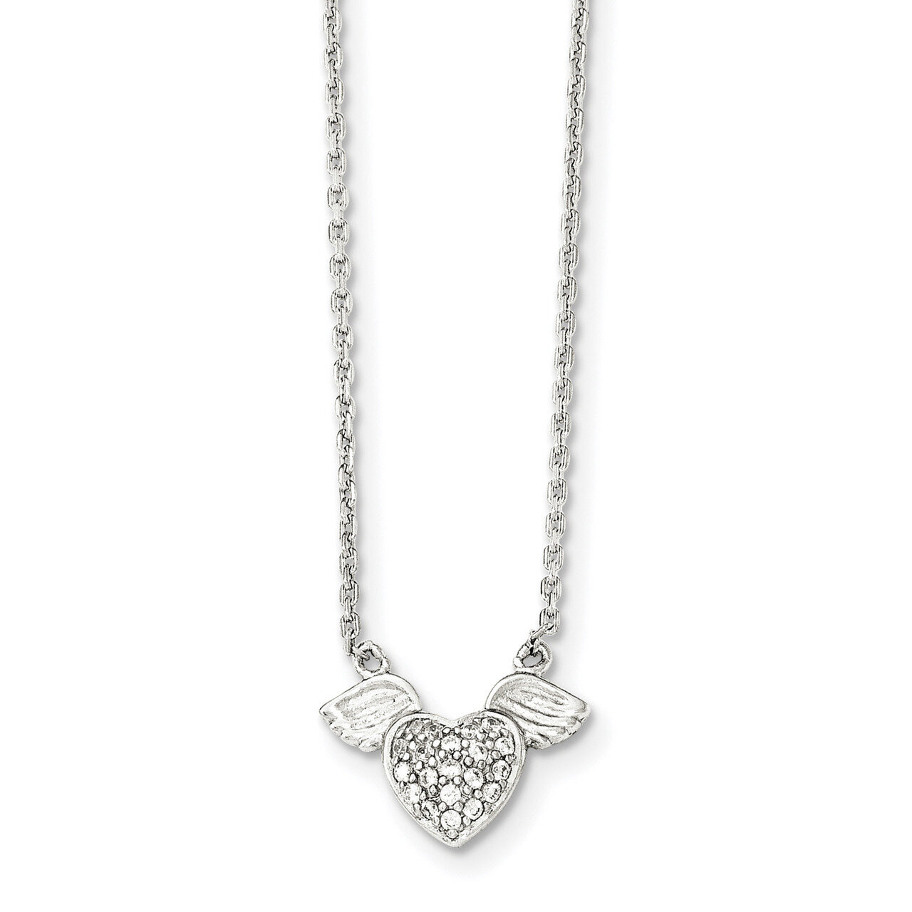 CZ Diamond Heart with Wings Necklace 16 Inch Sterling Silver Polished QG4019-16, MPN: QG4019-16, 19…