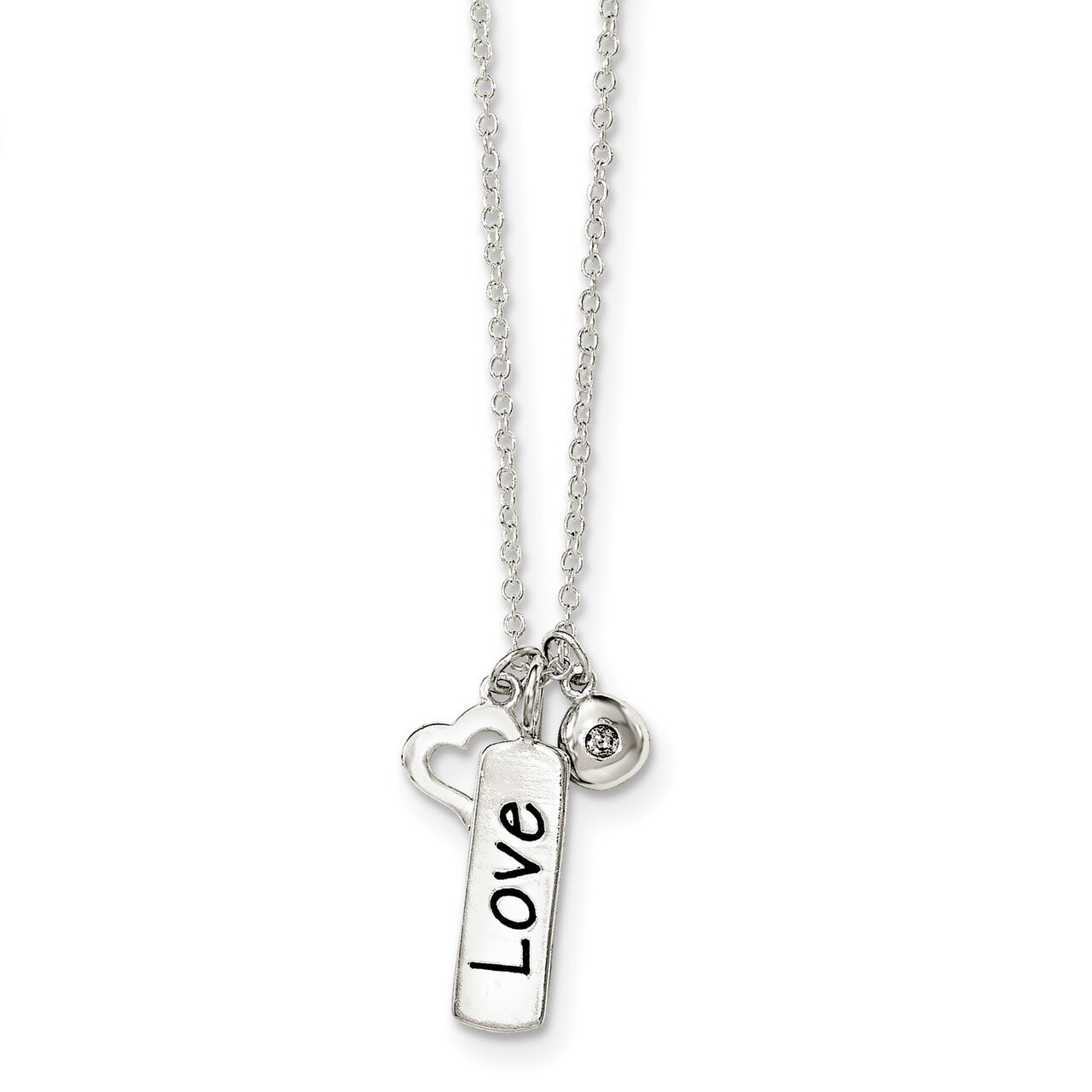 CZ Diamond Love Heart Charm with 1 inch ext Necklace 16 Inch Sterling Silver Polished QG4032-16