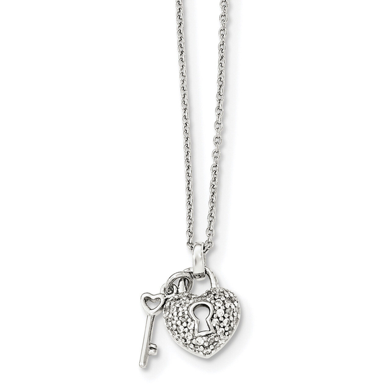 CZ Diamond Heart Lock &amp; Key with 2 inch Extender Necklace 16.5 Inch Sterling Silver Polished QG4033…