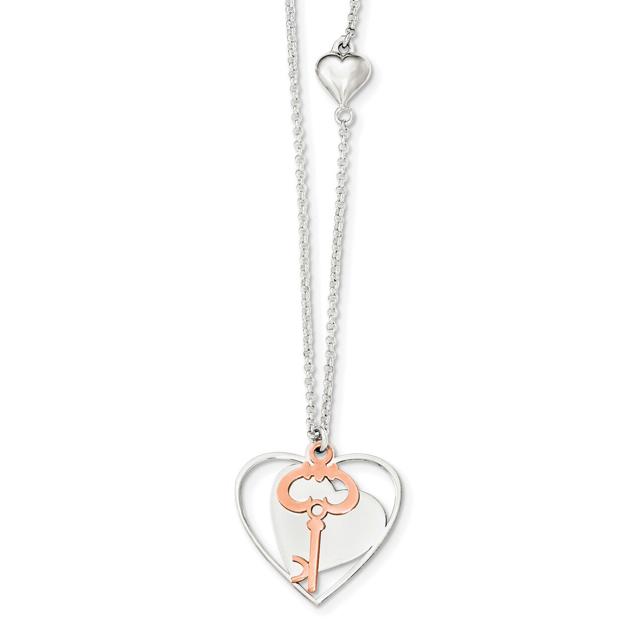 Rose-Tone Polished Moveable Heart Key Necklace 18 Inch Sterling Silver QG4041-18