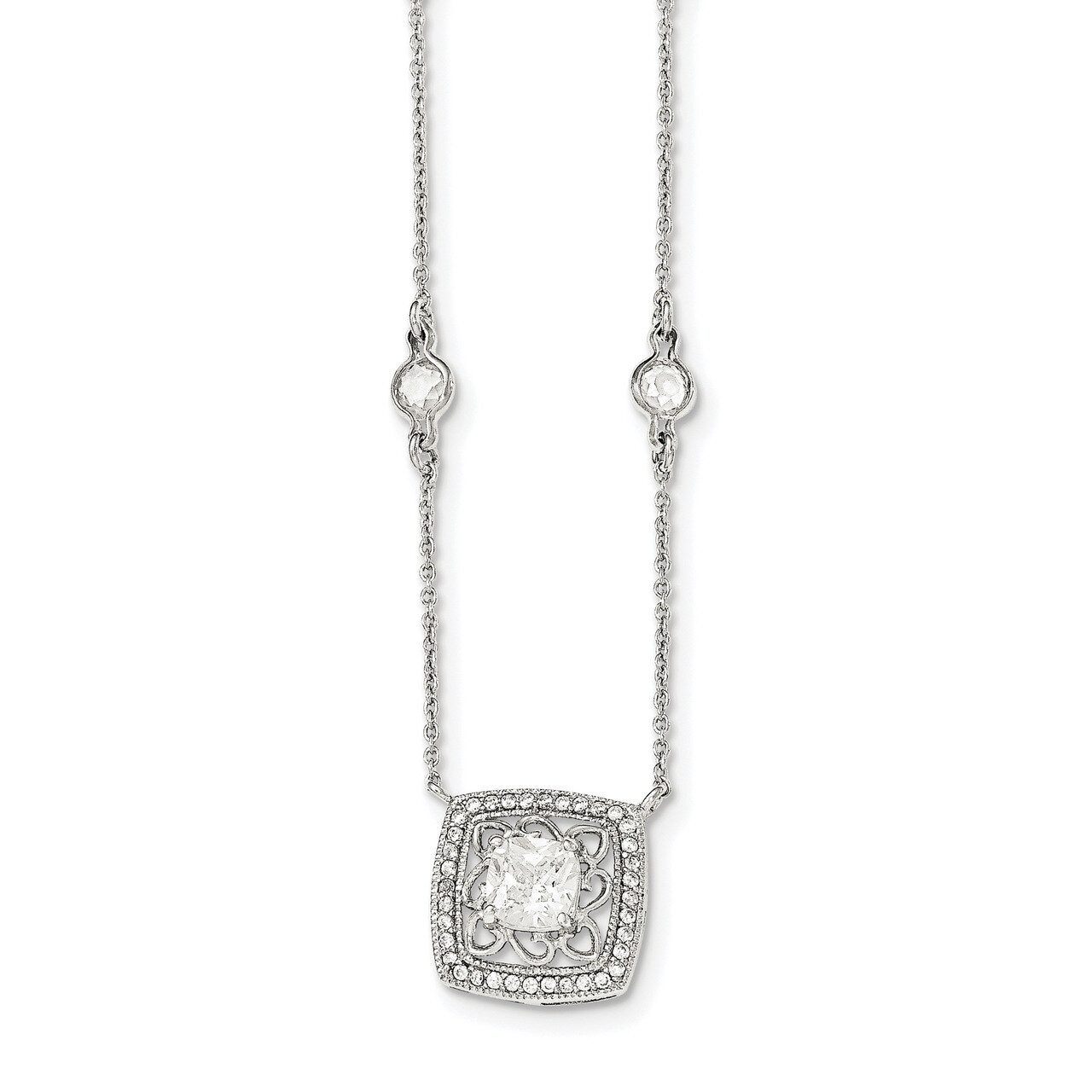 CZ Diamond with 2 inch Extender Necklace 16 Inch Sterling Silver Polished QG4059-16, MPN: QG4059-16…