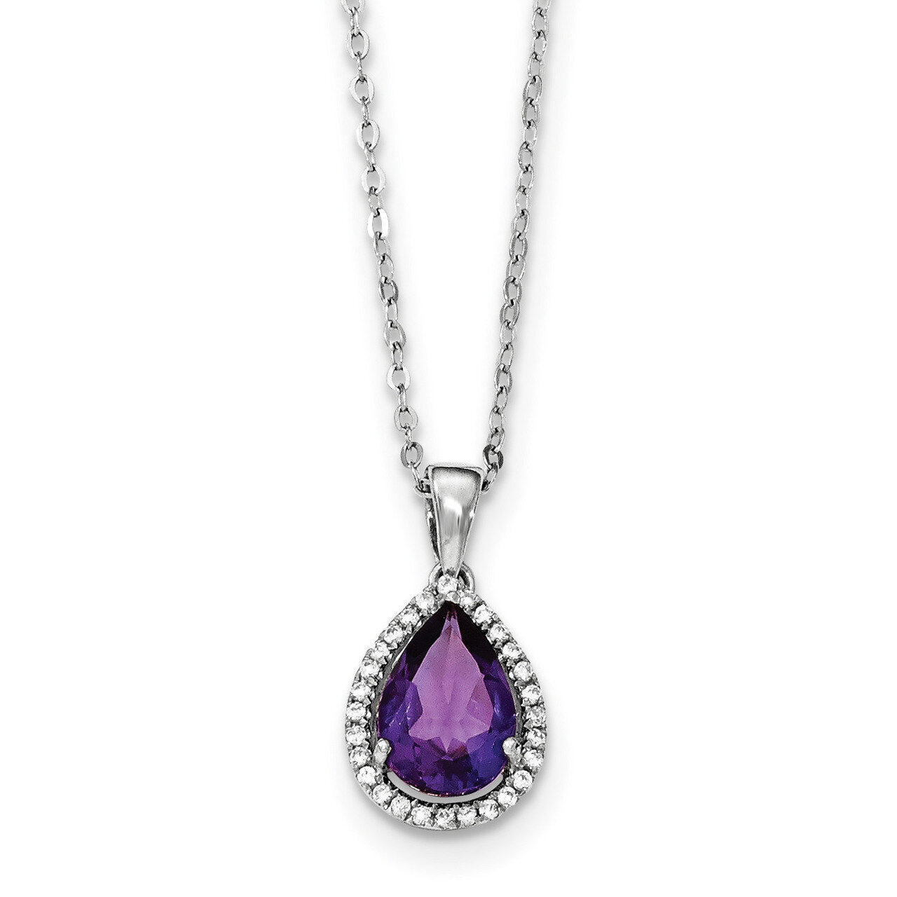 Amethyst &amp; CZ Diamond Necklace 18 Inch Sterling Silver Rhodium Polished QG4069FEB-18, MPN: QG4069FE…