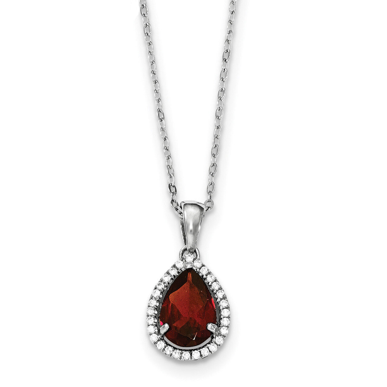 Garnet &amp; CZ Diamond Necklace 18 Inch Sterling Silver Rhodium Polished QG4069JAN-18, MPN: QG4069JAN-…