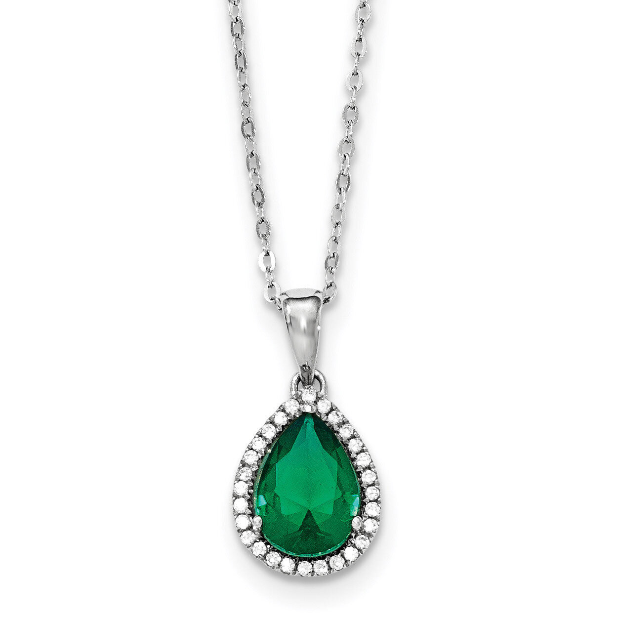 Simulated Emerald & CZ Diamond Necklace 18 Inch Sterling Silver Rhodium QG4069MAY-18