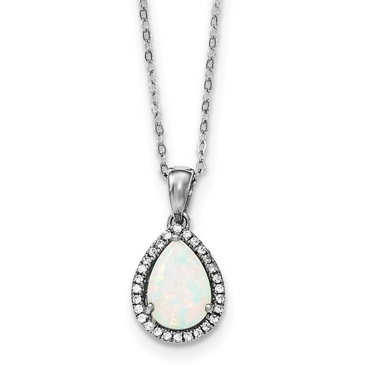 Simulated Opal & CZ Diamond Necklace 18 Inch Sterling Silver Rhodium Polished QG4069OCT-18