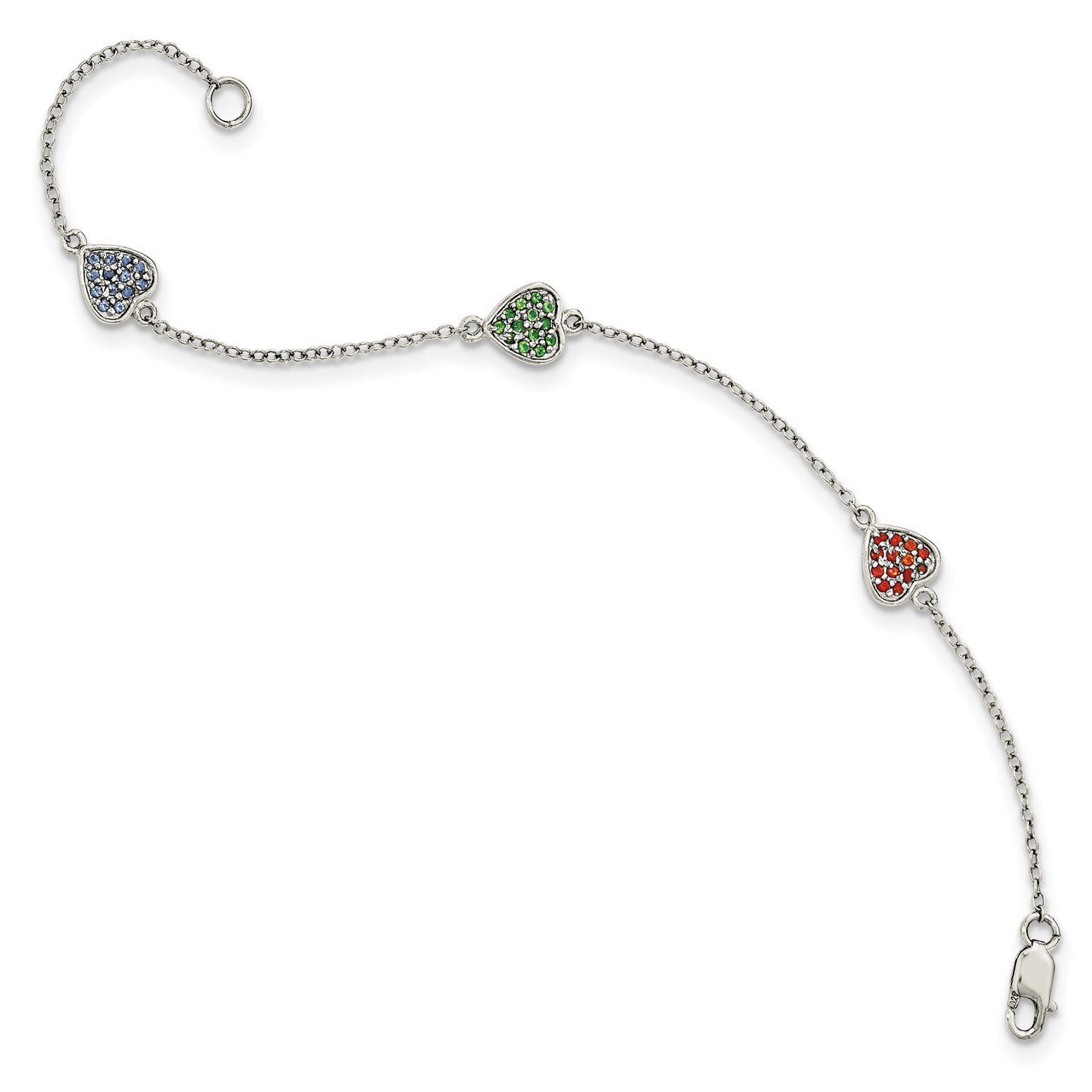 Hearts with Red Green Blue Glass Stone Bracelet 6 Inch Sterling Silver Polished QG4080-6, MPN: QG40…