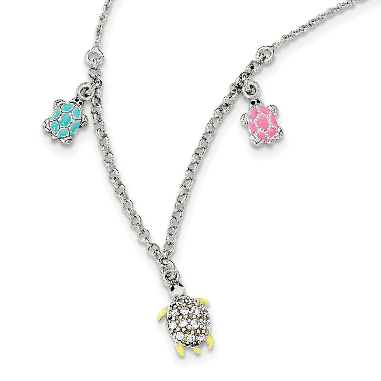 Enamel CZ Diamond Turtle Childs Necklace 14 Inch Sterling Silver QG4093-14, MPN: QG4093-14, 1911011…