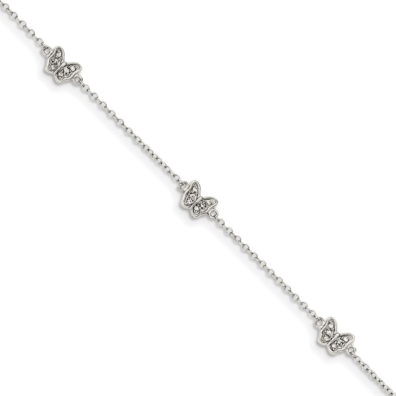 CZ Diamond Butterfly with 1 inch Extender Bracelet 6 Inch Sterling Silver Polished QG4098-6