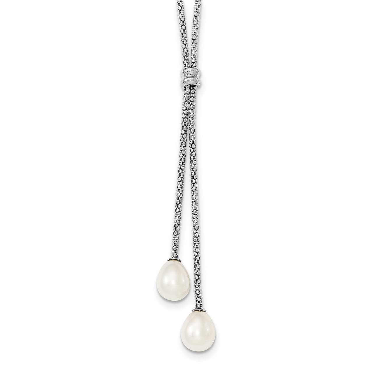 Bead and 7-8mm White Cultured Freshwater Pearl Dangle Necklace 16 Inch Sterling Silver Rhodium QG4137-16