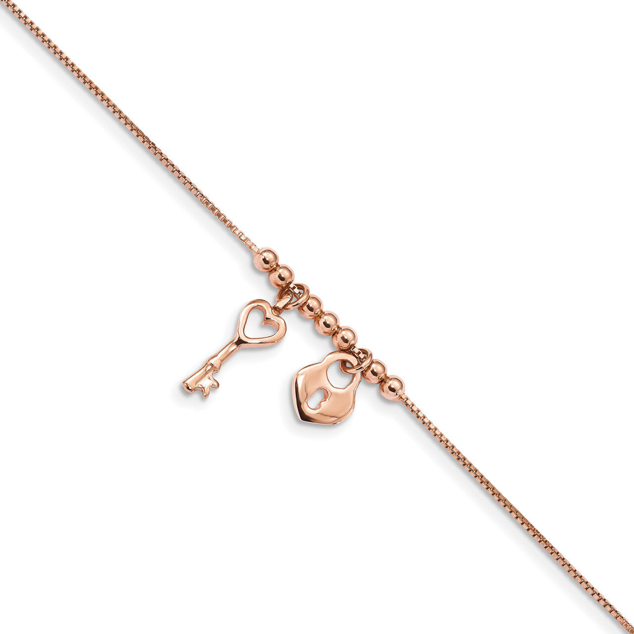 Rose-tone Polished Heart Lock with 1in Anklet Sterling Silver QG4184-9, MPN: QG4184-9, 886774082691