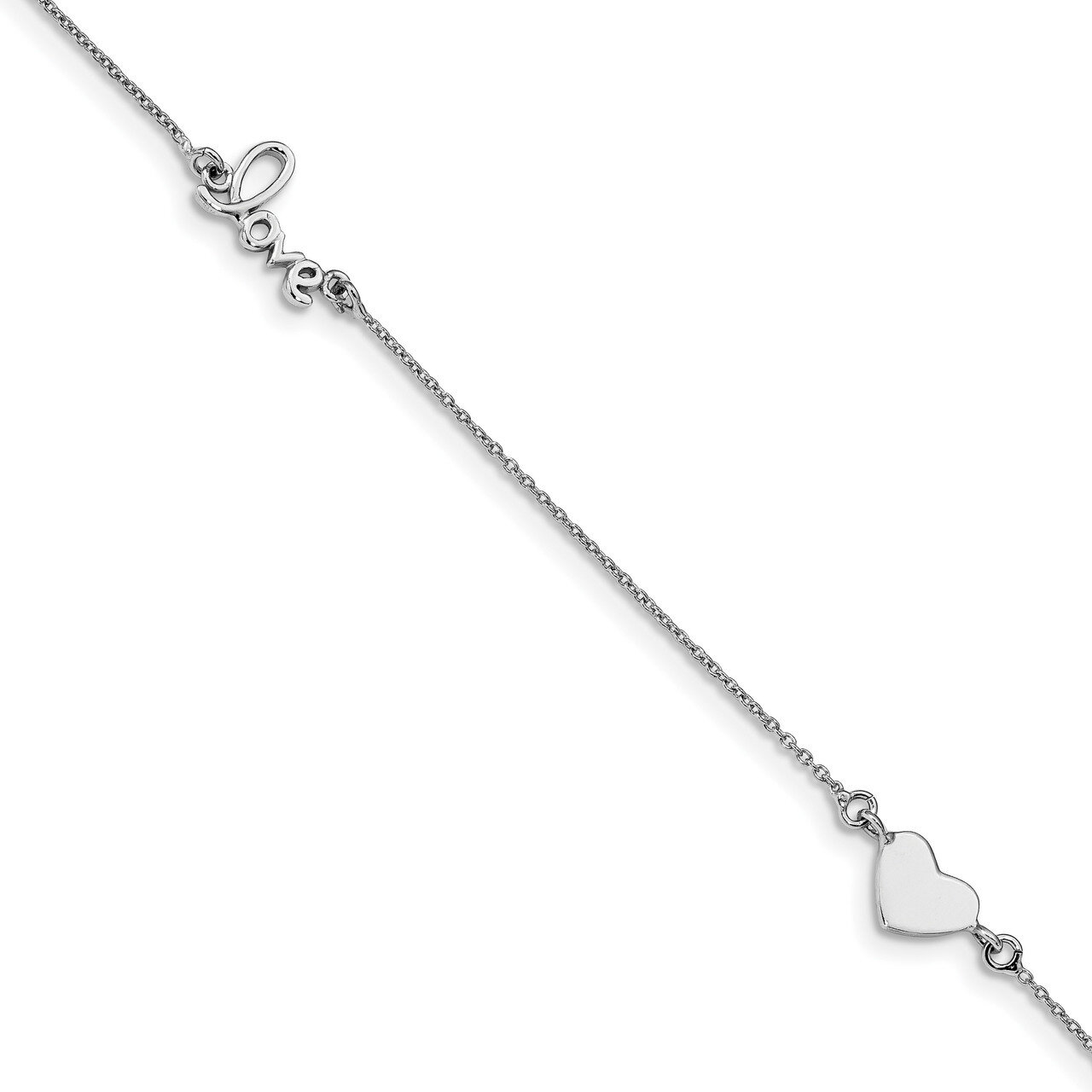 Heart & Love with 1 inch Extender Anklet Sterling Silver Rhodium-plated QG4187-9
