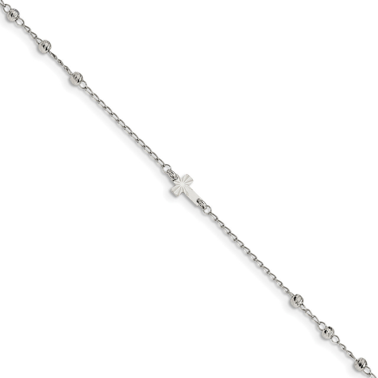 Diamond-cut Beads with 1 inch Extender Cross Anklet Sterling Silver Rhodium-plated QG4212-9, MPN: Q…
