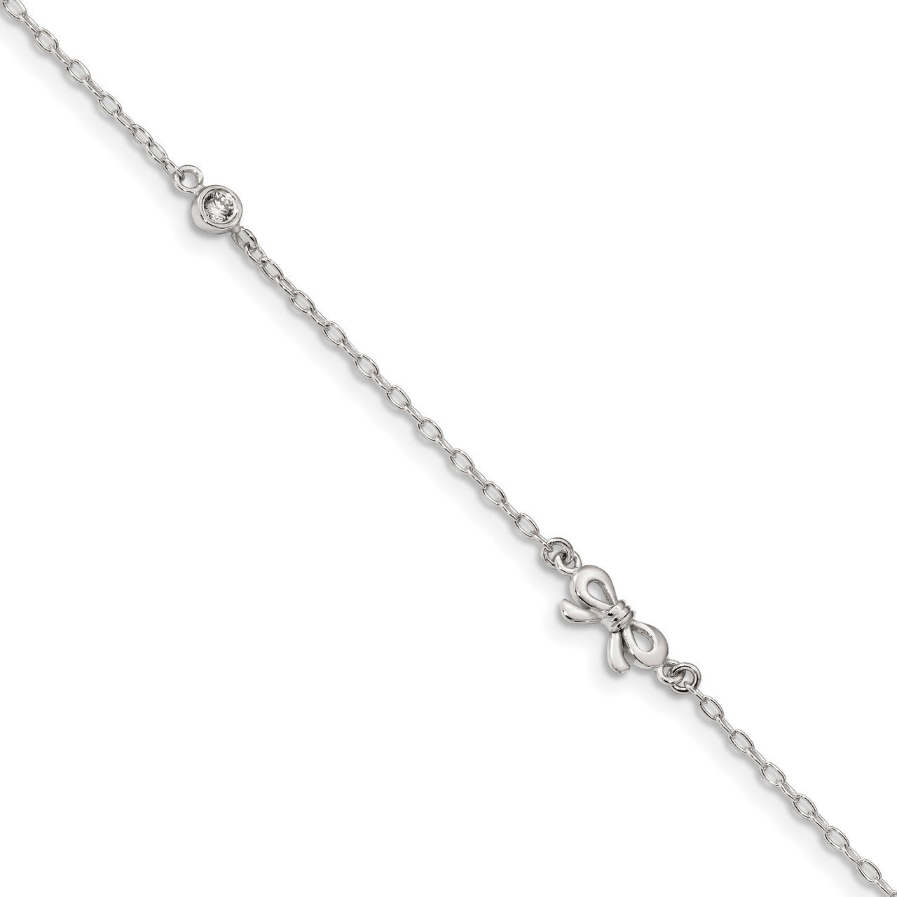 CZ Diamond Bow with 1 inch Extender Anklet Sterling Silver Polished QG4218-9, MPN: QG4218-9, 883957…