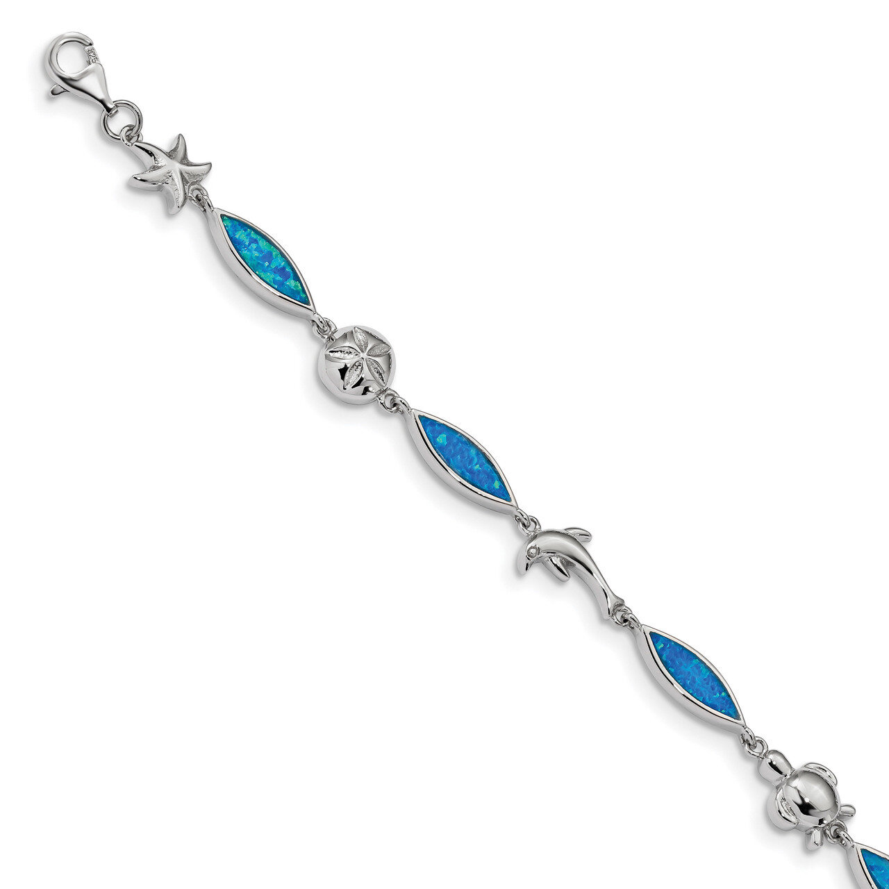 Blue Inlay Created Opal Sea Life Bracelet 7 Inch Sterling Silver Rhodium-plated QG4237-7, MPN: QG42…