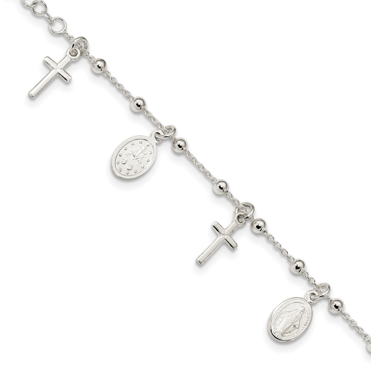 1 inch Extender Cross & Miraculous Medal Bracelet 6 Inch Sterling Silver Polished QG4251-6.25