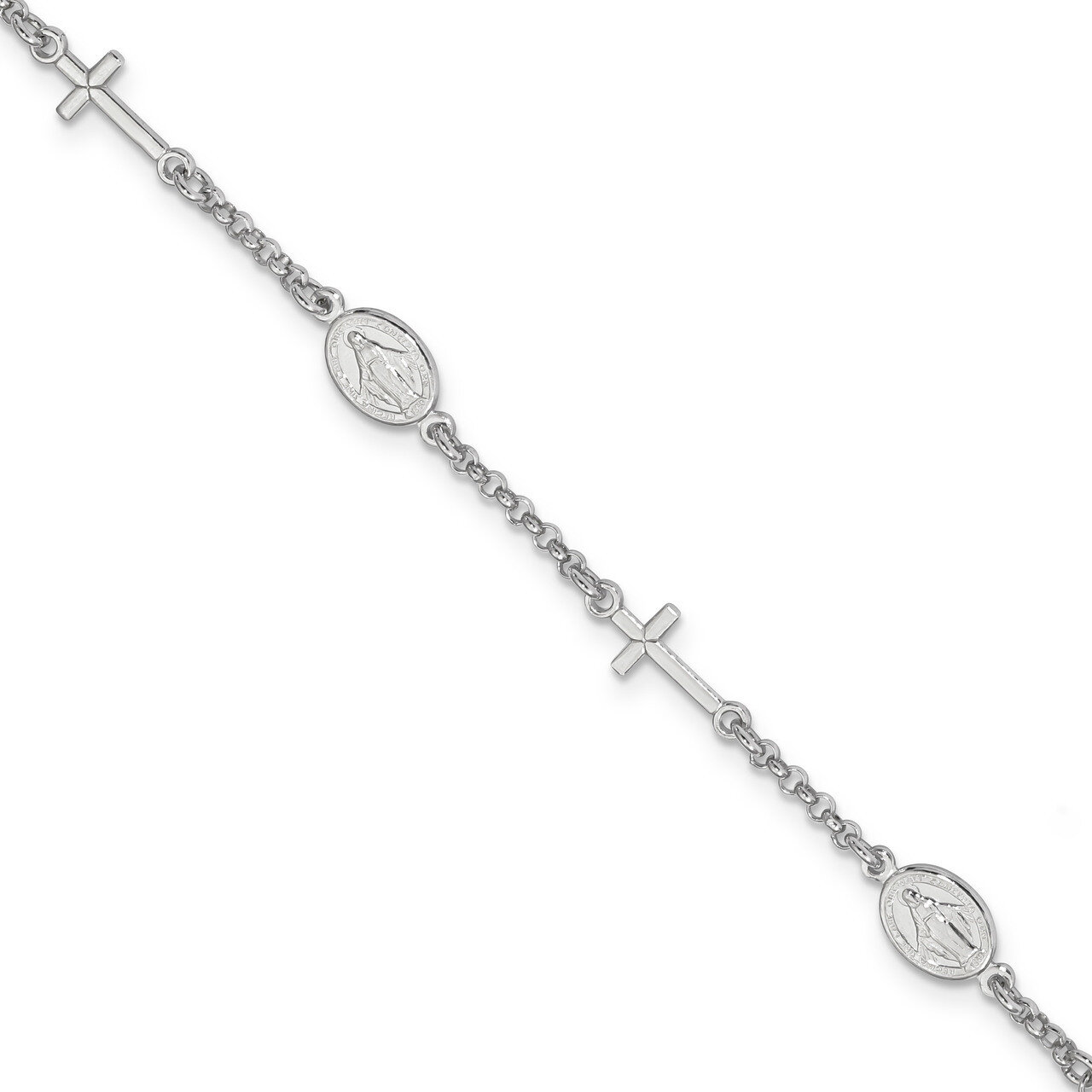 Cross &amp; Miraculous Medal Bracelet 6.5 Inch Sterling Silver Rhodium Plated QG4256-7.5, MPN: QG4256-7…