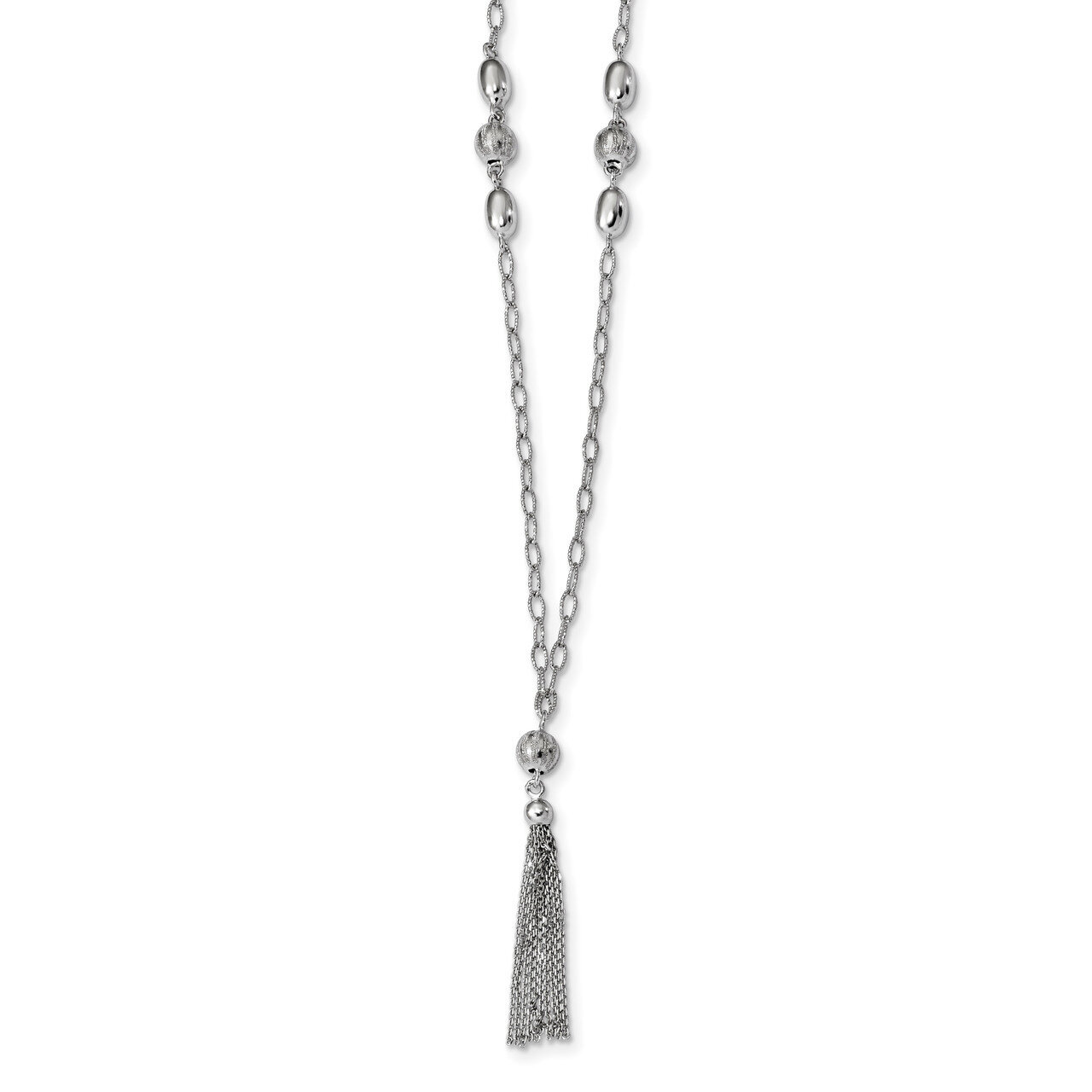 Diamond-cut & Polished Beaded Tassel Necklace 18 Inch Sterling Silver Rhodium-plated QG4337-18