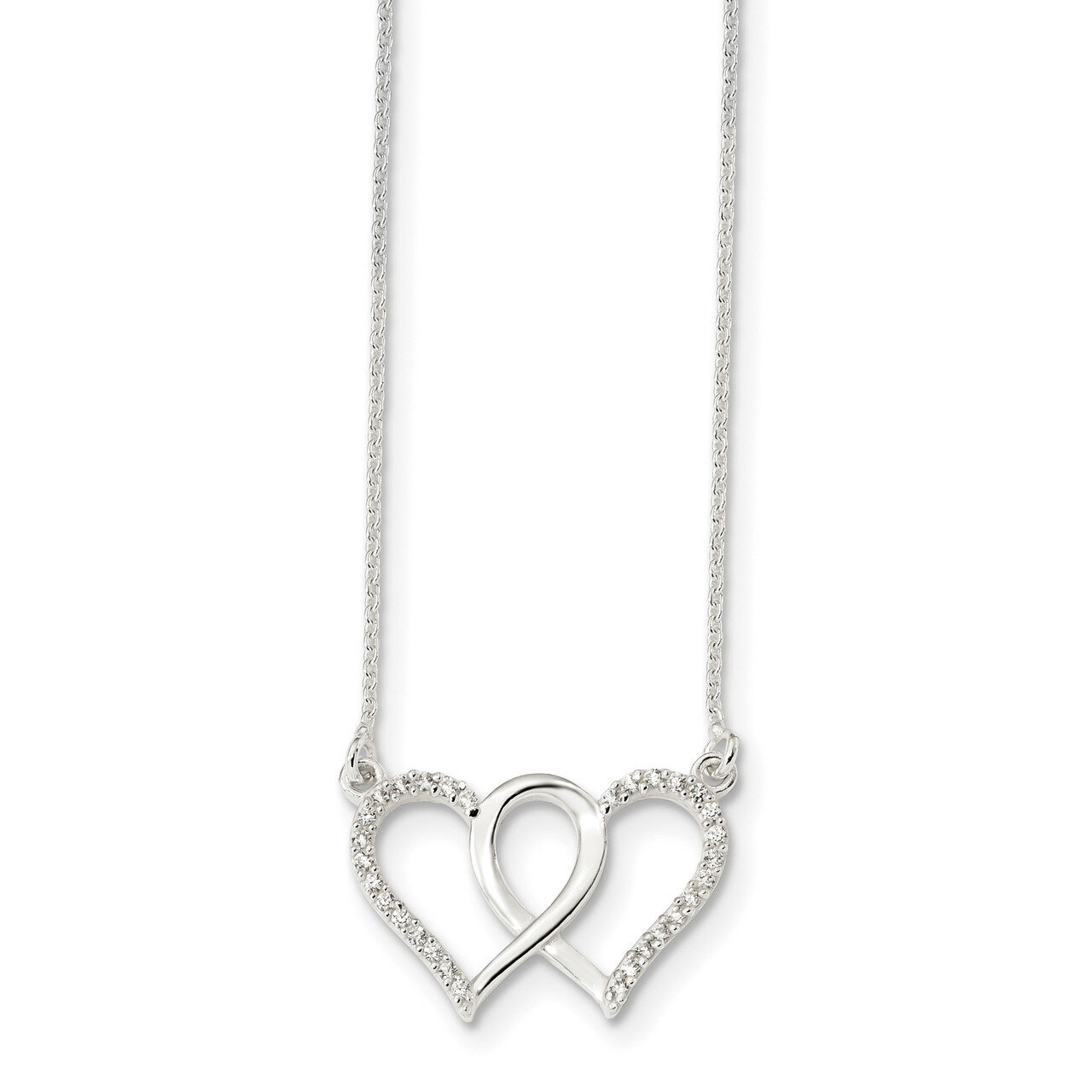 CZ Diamond Double Heart Necklace 18 Inch Sterling Silver Polished QG4346-18, MPN: QG4346-18, 191101…