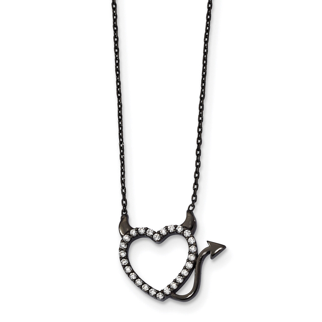 Black Rhodium Plated Devil Heart CZ Diamond Necklace 16 Inch Sterling Silver QG4347-16