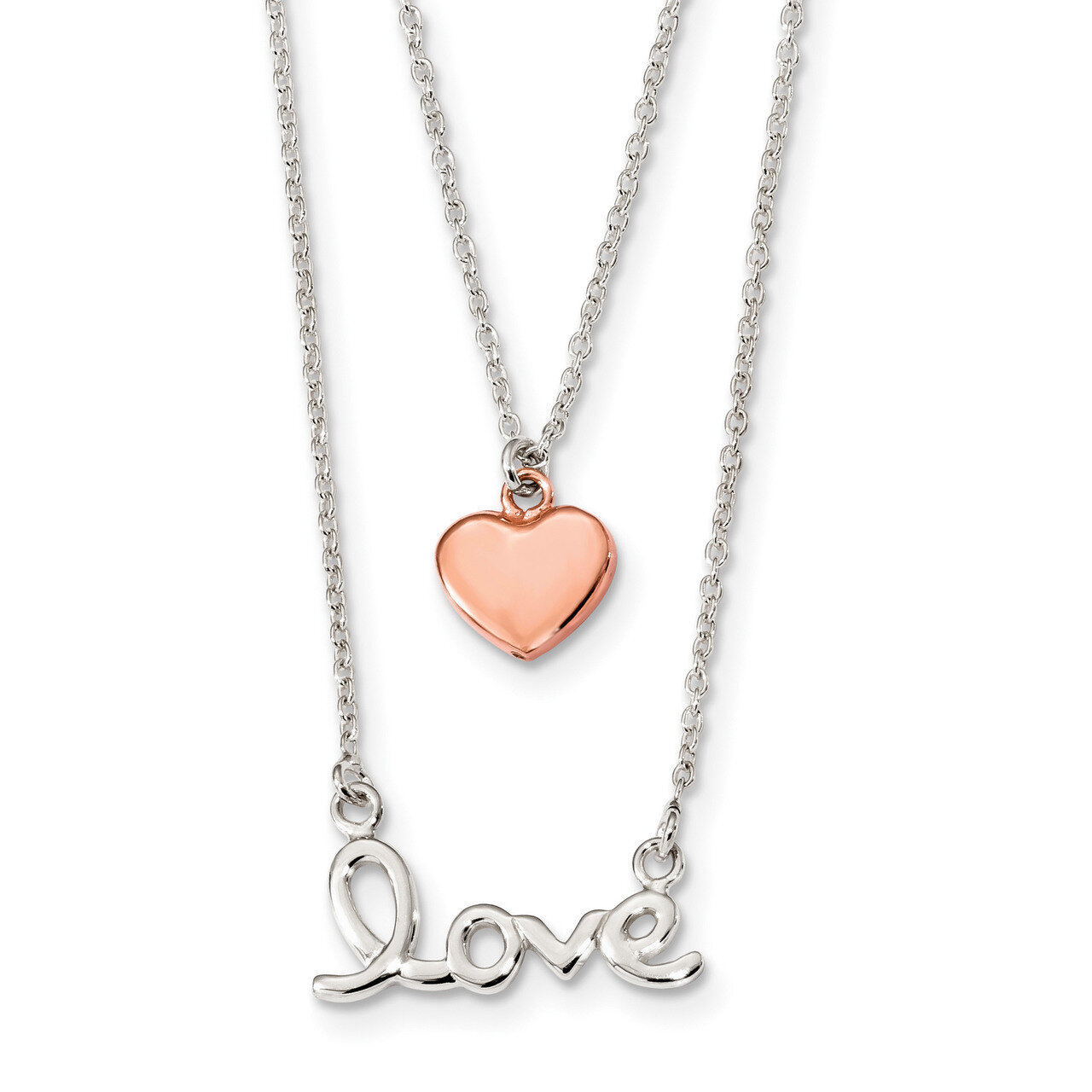 Rose-tone Love &amp; Heart Necklace 18 Inch Sterling Silver QG4375-18, MPN: QG4375-18, 883957962283