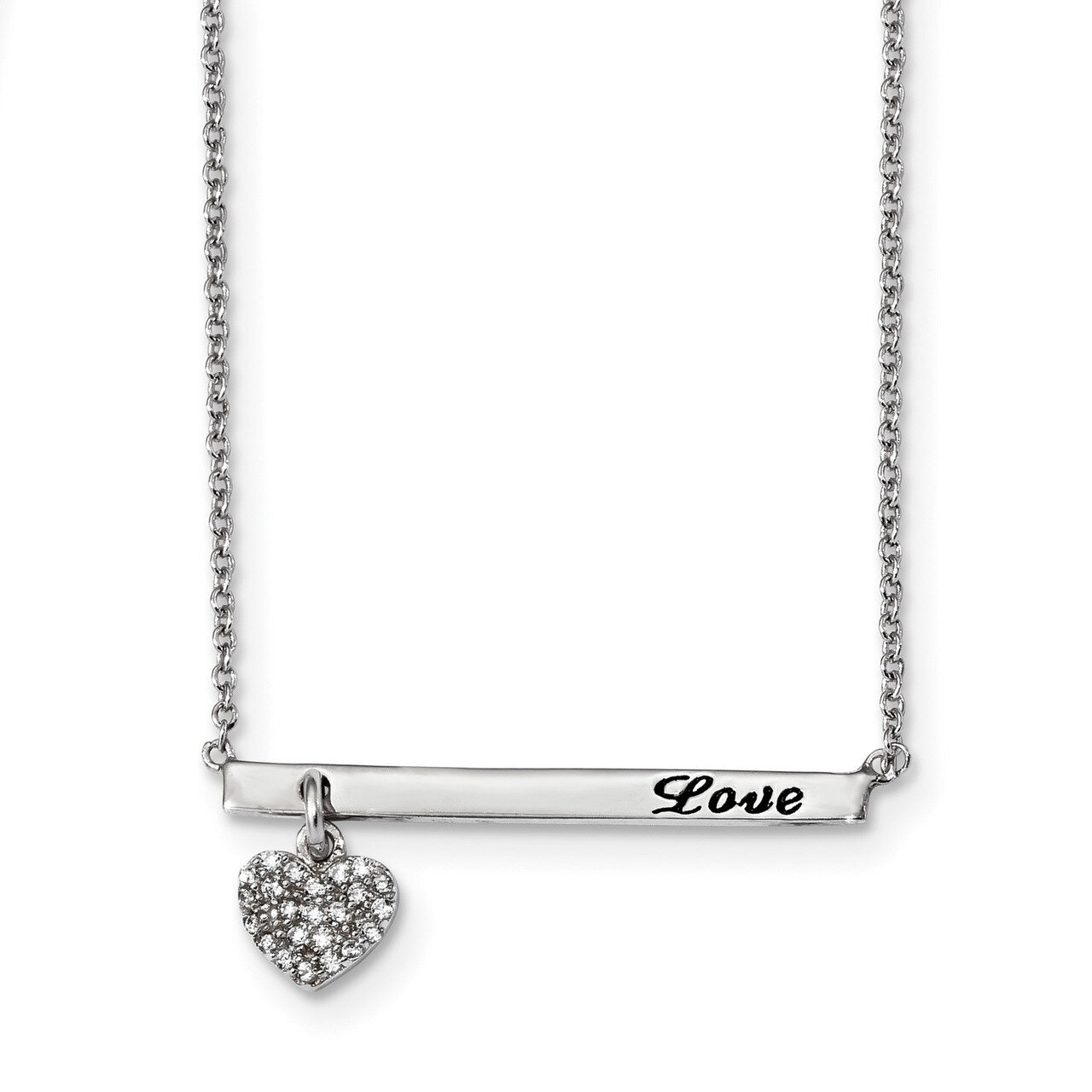 CZ Diamond Black Oxidation Heart Love Bar Necklace 16 Inch Sterling Silver Rhodium-plated QG4377-16…