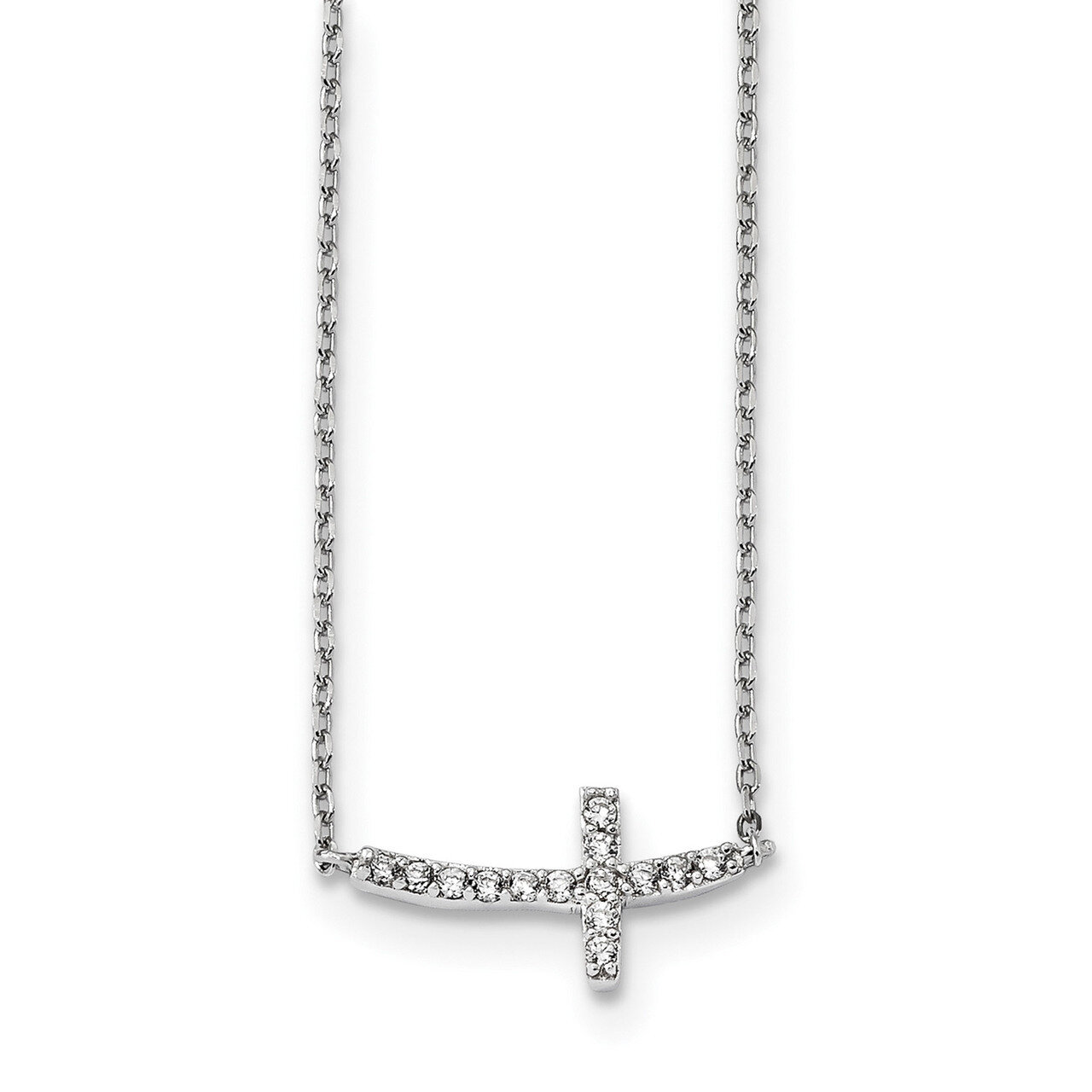 CZ Diamond Cross with 2 inch ext Necklace 16 Inch Sterling Silver Rhodium-plated QG4406-16