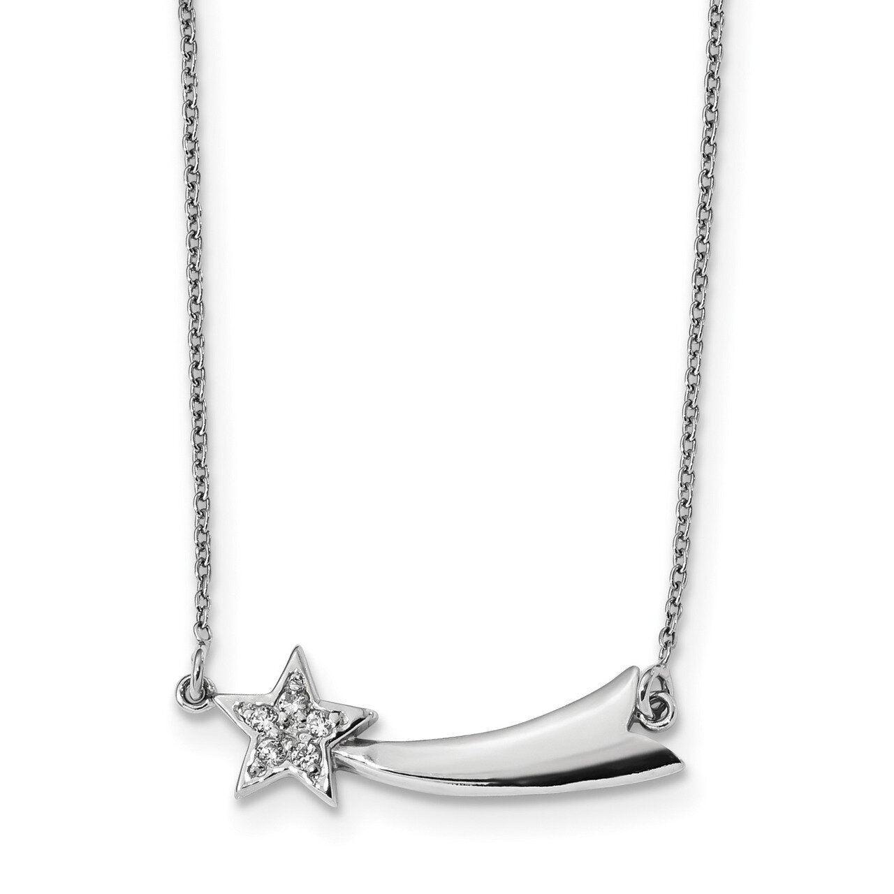 CZ Diamond Shooting Star with 2 inch Extender Necklace 16 Inch Sterling Silver Rhodium-plated QG4437-16