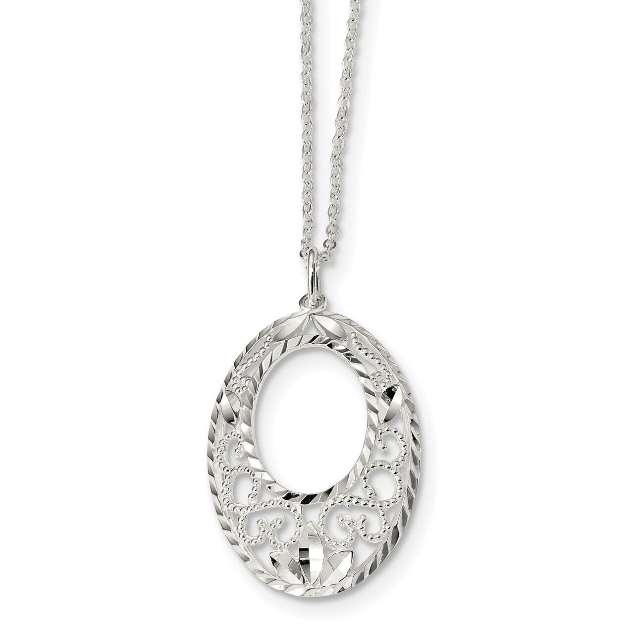 Open Oval Filigree Necklace 17 Inch Sterling Silver Diamond Cut QG4536-17