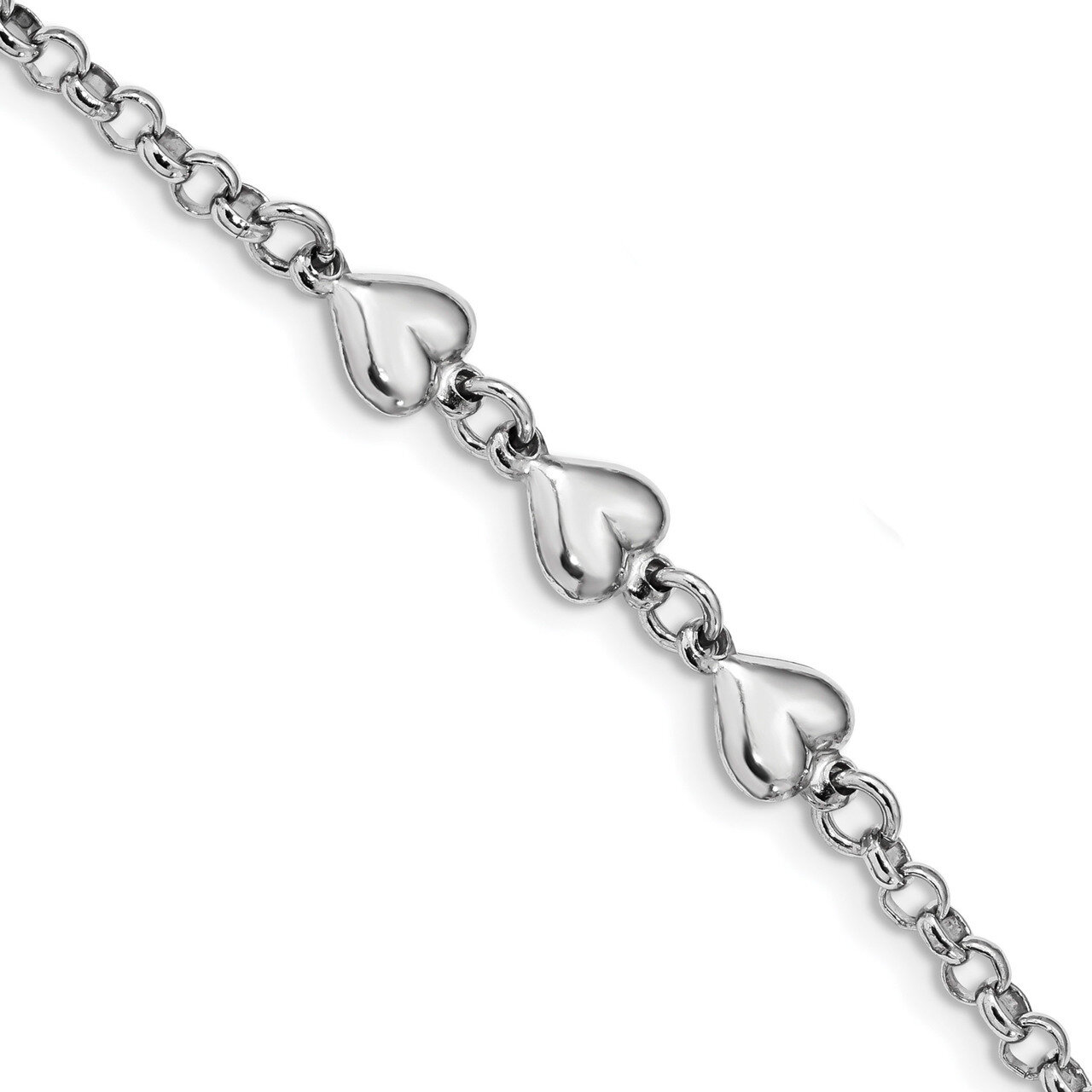 Triple Heart Charm Bracelet 7 Inch Sterling Silver Rhodium Plated Polished QG4596-7